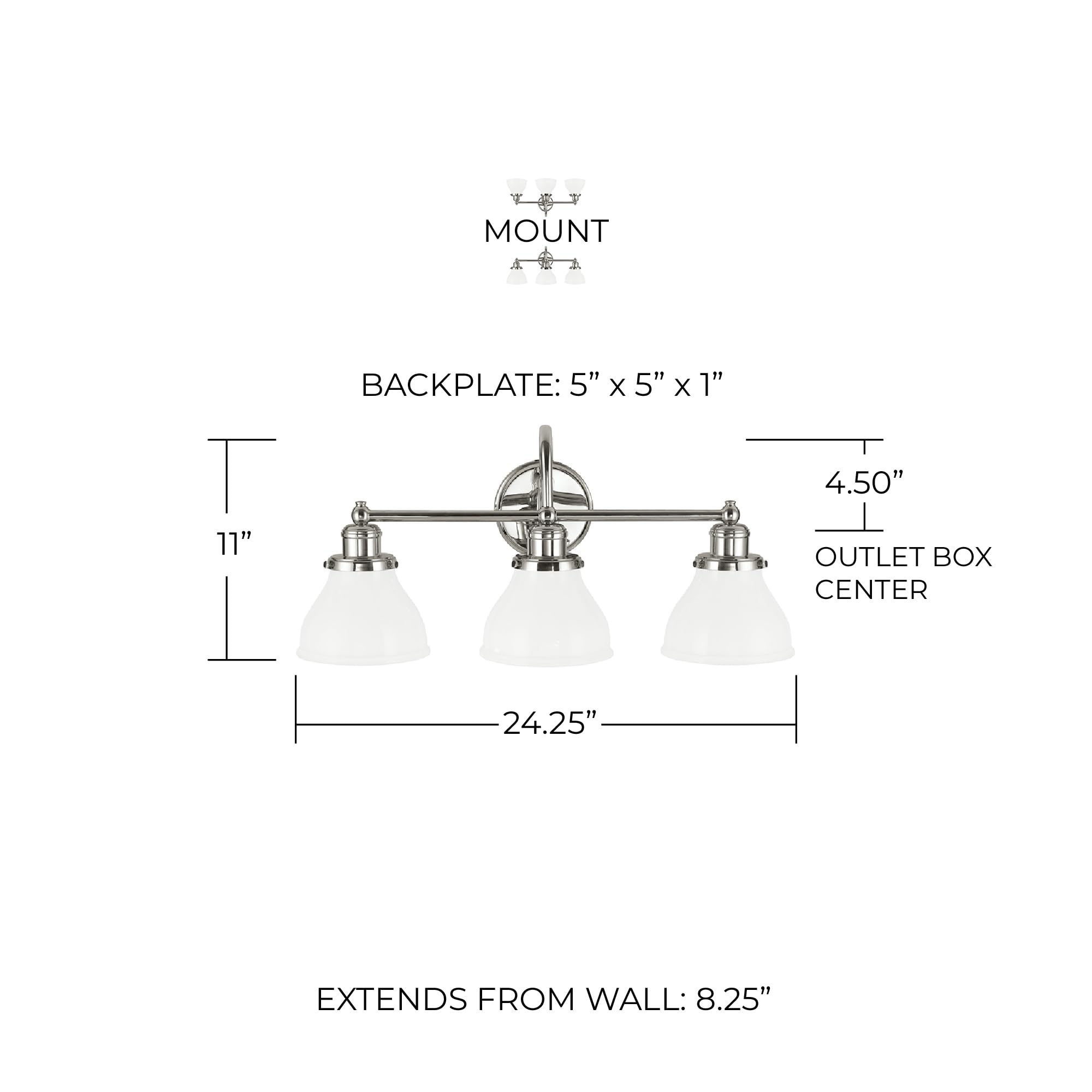 Capital Lighting 8303PN-128 Baxter 3-Light Bathroom Vanity Light Fixture - 300W, Milk Glass Shade, Polished Nickel Finish, 11