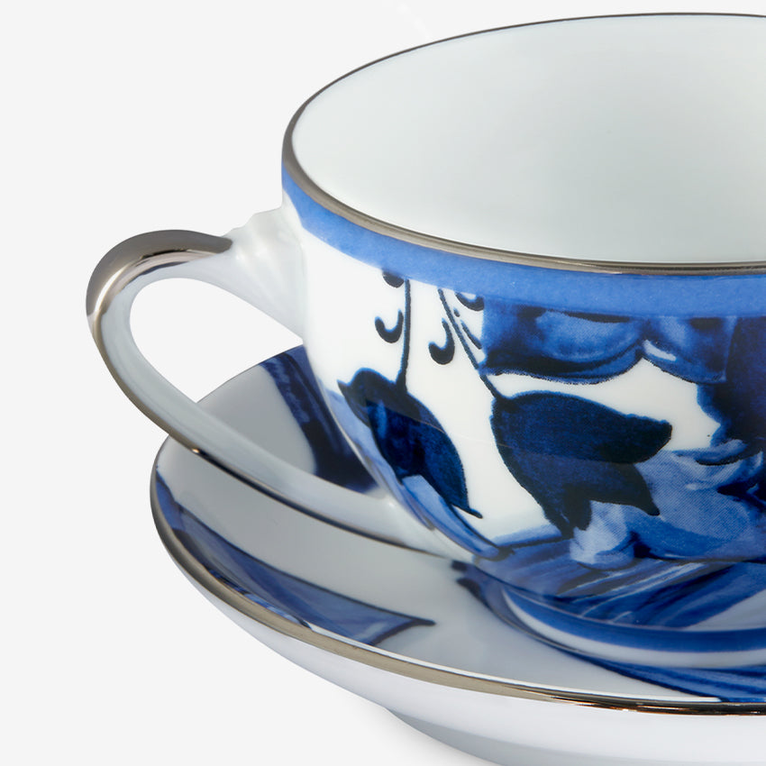 Dolce & Gabbana Casa Blue Mediterraneo Fiore Tea Cup and Saucer Set - Elegant Floral Porcelain Tea Set for Afternoon Tea, Bridal Shower & Home Decor