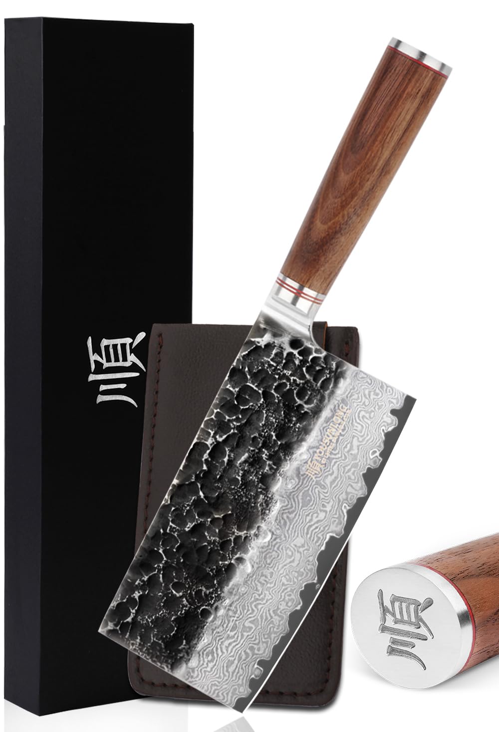 Premium 7-inch Japanese Damascus Steel Meat Cleaver - Professional Chef Knife with Walnut Wood Handle & Leather Sheath - Perfect for Chopping Meat, Vegetables & Herbs in Home Kitchens & Restaurants