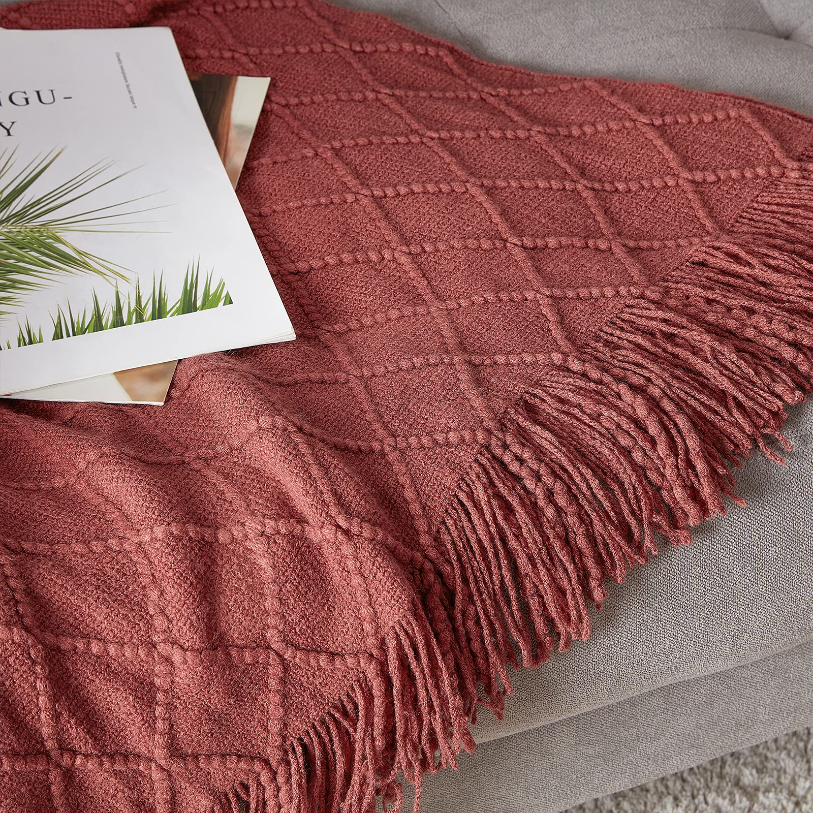 BOURINA Burgundy Throw Blanket 50x60 Inches - Soft Textured Knit Blanket for Sofa, Couch, Bed - Cozy Decorative Blanket for Living Room, Bedroom, Office & Travel