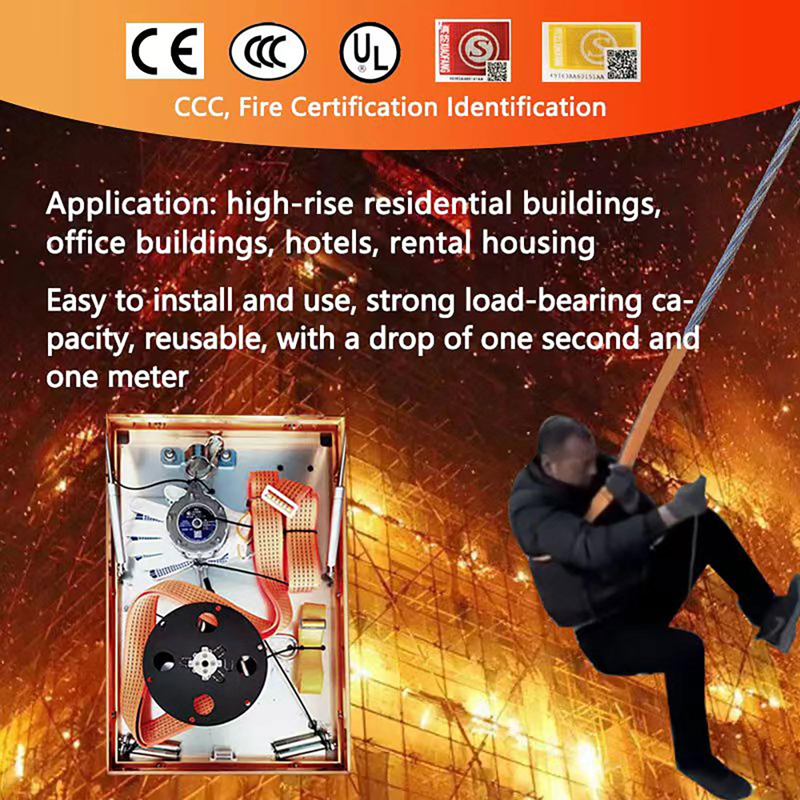 148FT (45M) Emergency Escape Rope Ladder - Fire Safety Descent System with Frame for Home & High-Rise Buildings - Fireproof Equipment for Home Safety - Perfect for Fire Emergencies & Window Evacuation
