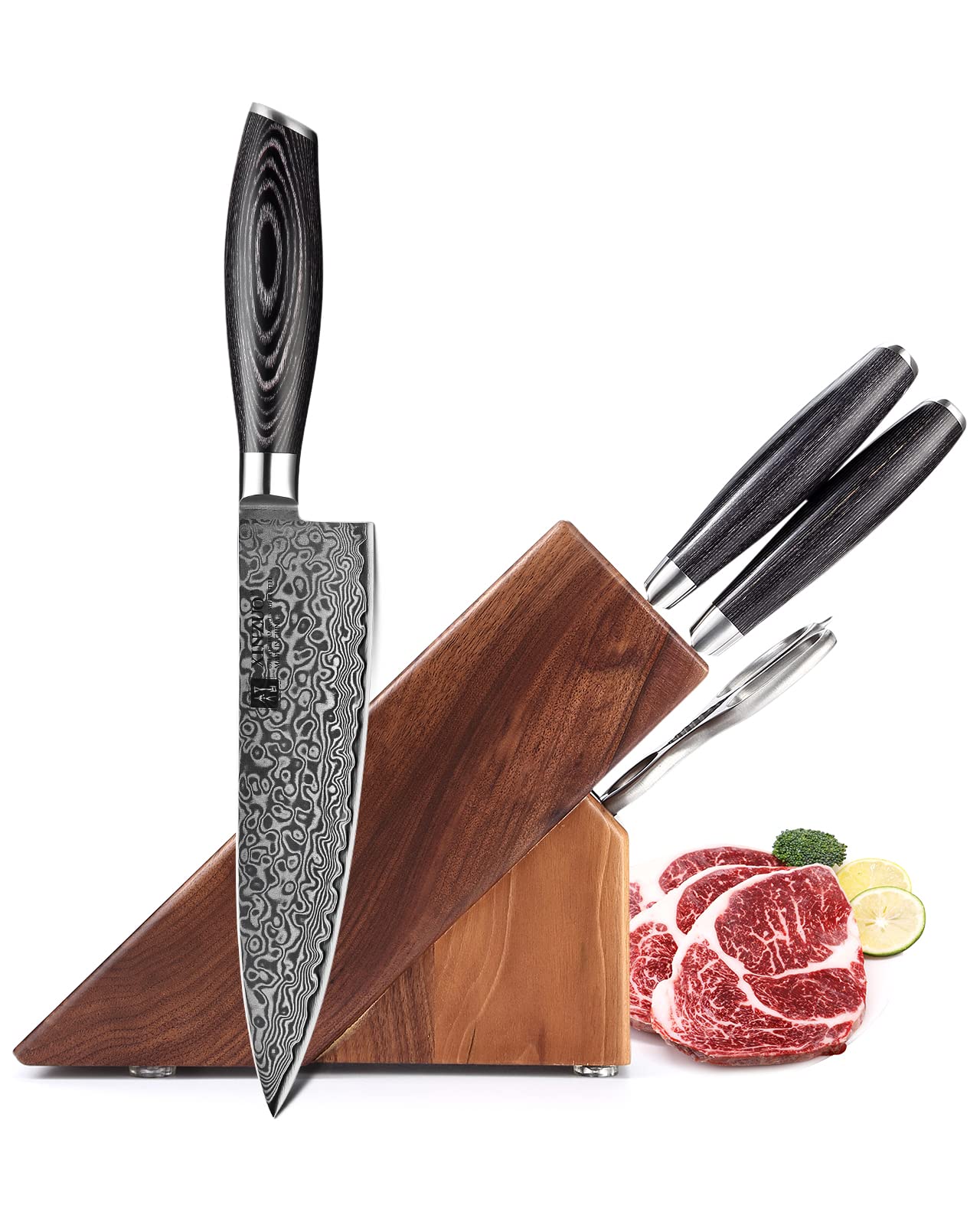 Premium 5-Piece Damascus Steel Knife Set - High Carbon Steel Chef & Santoku Knives with Utility Knife, Kitchen Shears & Walnut Wood Block - Professional Kitchen Cutlery for Cooking, Slicing & Food Prep - Perfect for Home Chefs & Culinary Enthusiasts