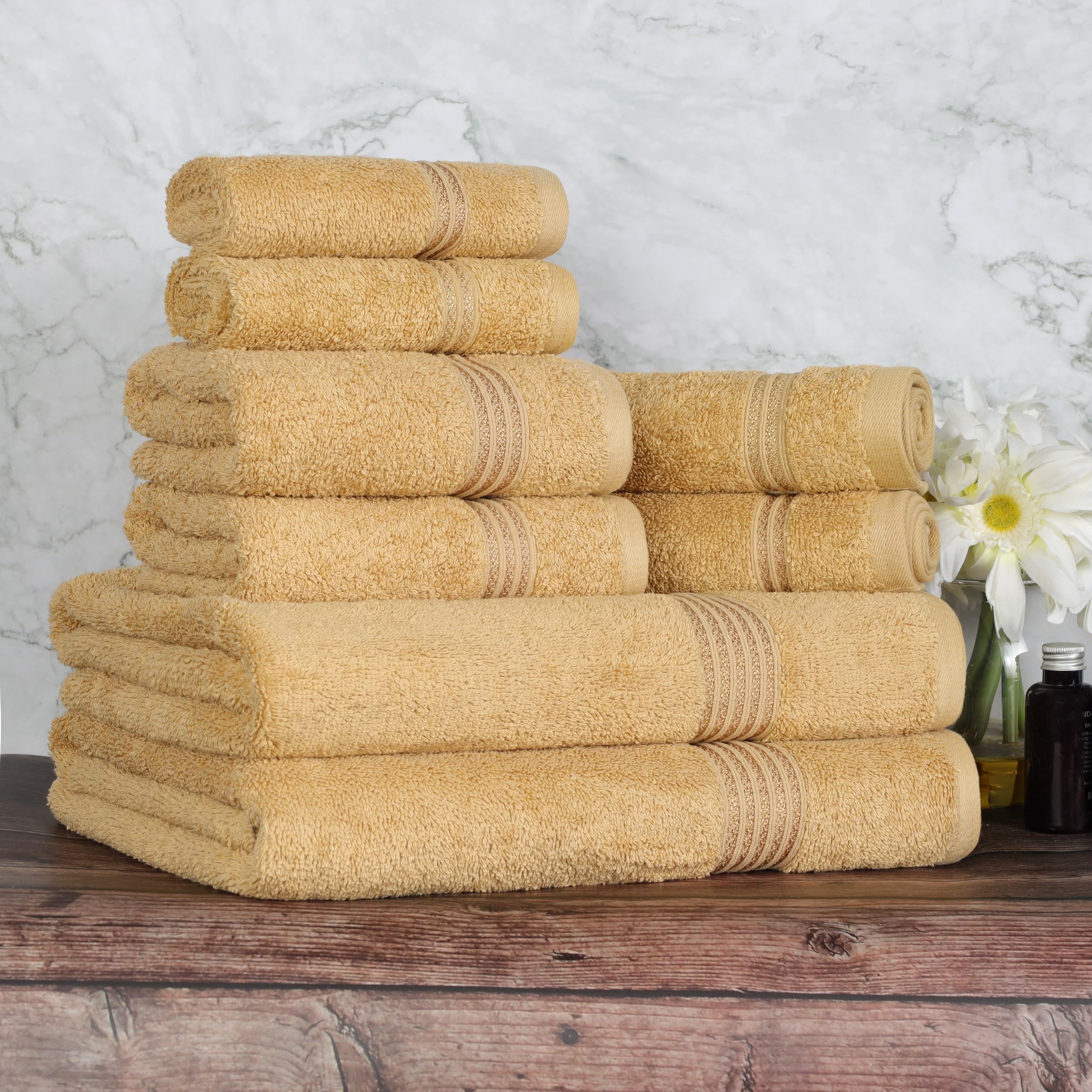 Premium BNM Egyptian Cotton 8-Piece Towel Set - Ultra Soft & Absorbent Bath, Hand & Face Towels for Luxury Home, Master & Guest Bathrooms - Includes 2 Bath Towels, 2 Hand Towels & 4 Washcloths - Quick Dry, Decorative Essentials (Gold) - Perfect for Spa Days & Upscale Hotel-Style Bathrooms