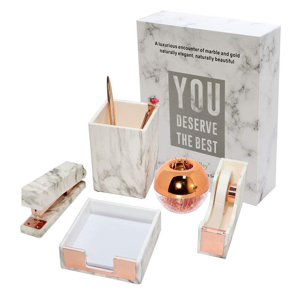 Premium Marble Rose Gold Office Desk Organizer Set - Stapler, Tape Dispenser, Magnetic Paper Clip Holder, Pen Cup & Sticky Note Holder (5-Piece Gift Set) for Home Office, Workspace & School Organization