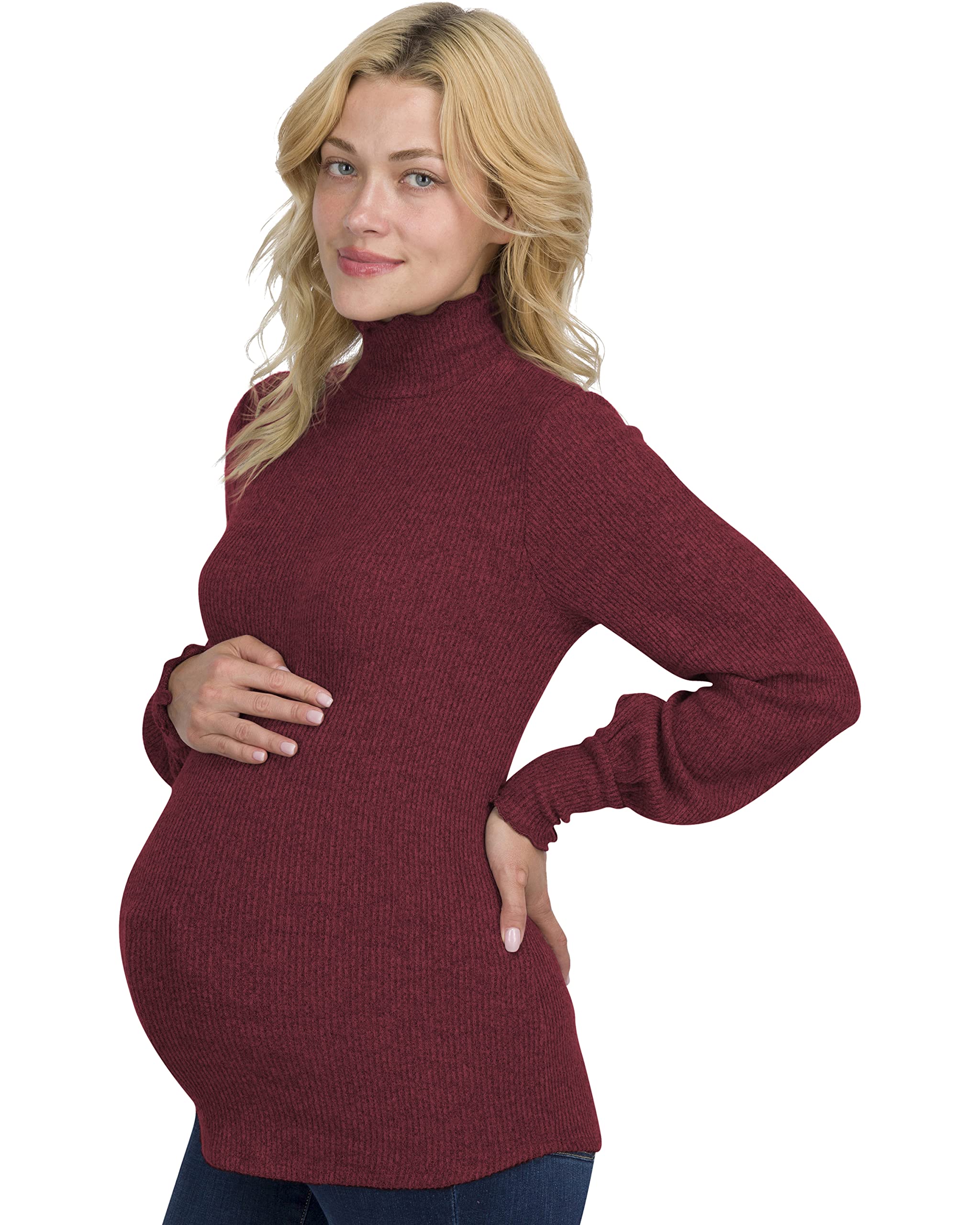Ultra-Soft Lettuce Mock-Neck Maternity Top with Bell Long Sleeves - Comfortable Maternity Turtleneck Sweater for Pregnancy - Perfect for Work, Casual Outfits and Nursing