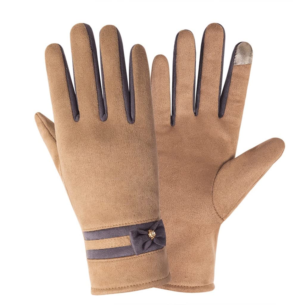 Winter Women's Touch Screen Suede Gloves - Soft Velvet Lined, Windproof & Warm for Cycling, Outdoor Activities | Elegant Bow Design | Brown One Size