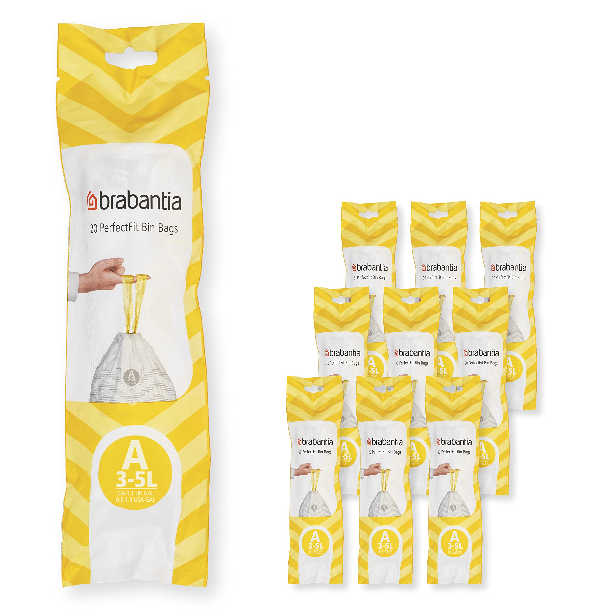 Brabantia PerfectFit Trash Bags Size A (0.8 Gallon) - 200 Count Thick Plastic Drawstring Trash Can Liners for Kitchen, Bathroom & Office Waste Disposal