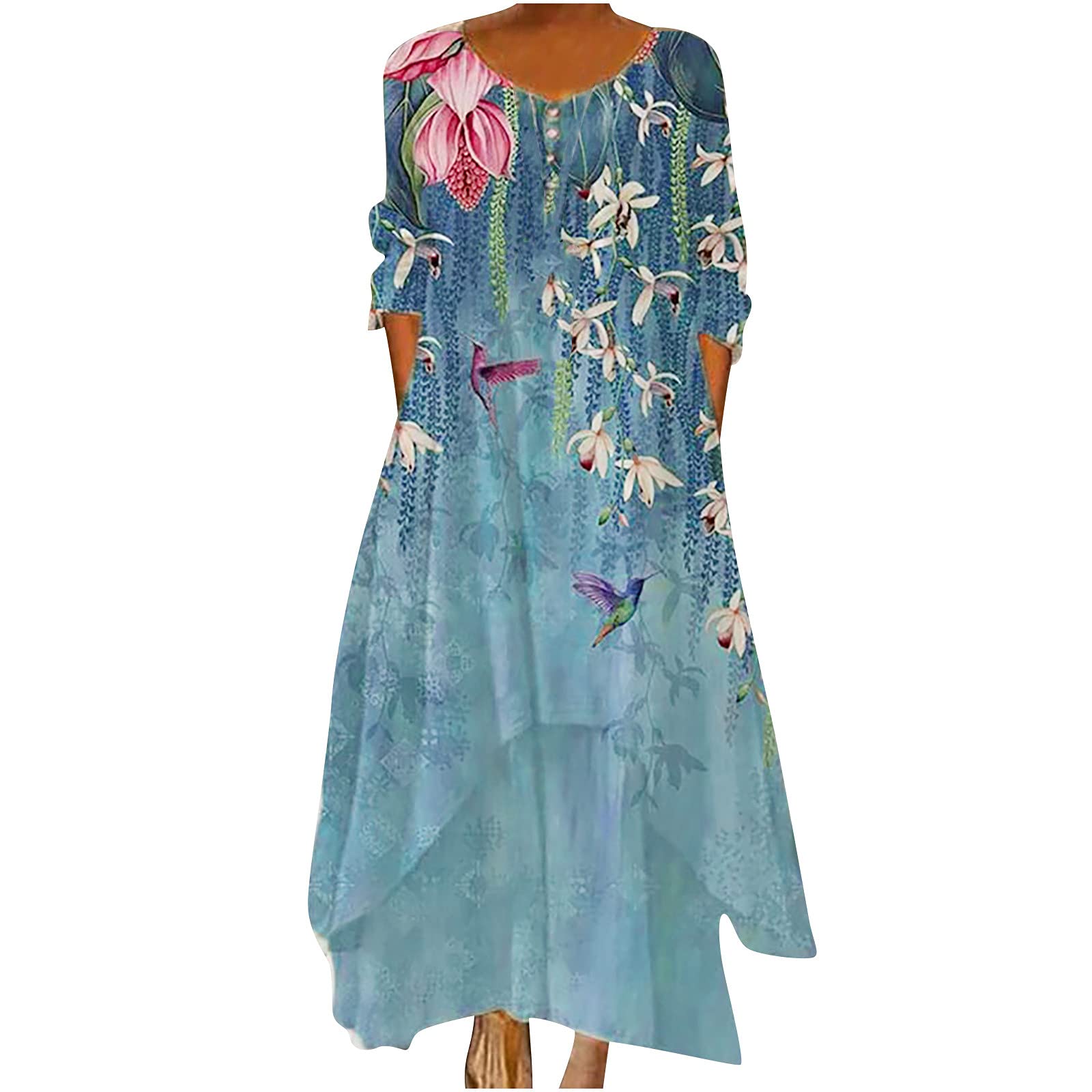 Plus Size Women's Long Sleeve Cotton Maxi Dress - Floral Bohemian Loose Summer Caftan for Beach, Vacation & Casual Wear | Oversized Comfortable Dress