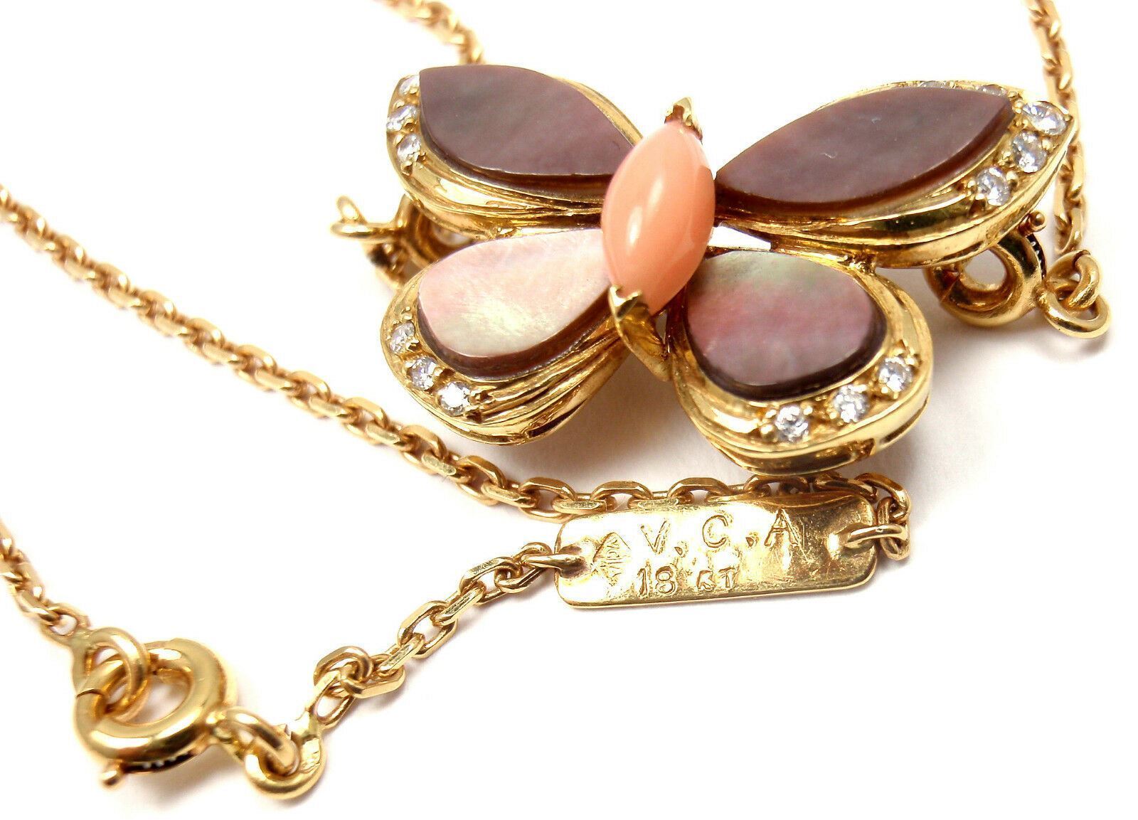 VAN CLEEF & ARPELS 18k Yellow Gold Diamond Mother of Pearl Coral Butterfly Brooch Necklace - Elegant Jewelry for Weddings, Parties & Special Occasions