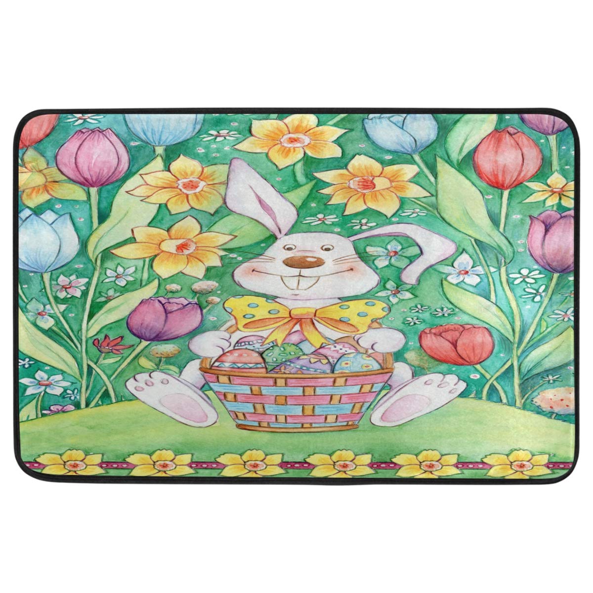 Easter Bunny Rabbit Egg Basket Non-Slip Doormat - 23.6x15.7 Inch Washable Indoor/Outdoor Welcome Mat for Spring Decor, Front Door, Bathroom & Easter Day Home Decor - Perfect for Easter Celebrations, Front Porch Decorations and Holiday Home Entrance