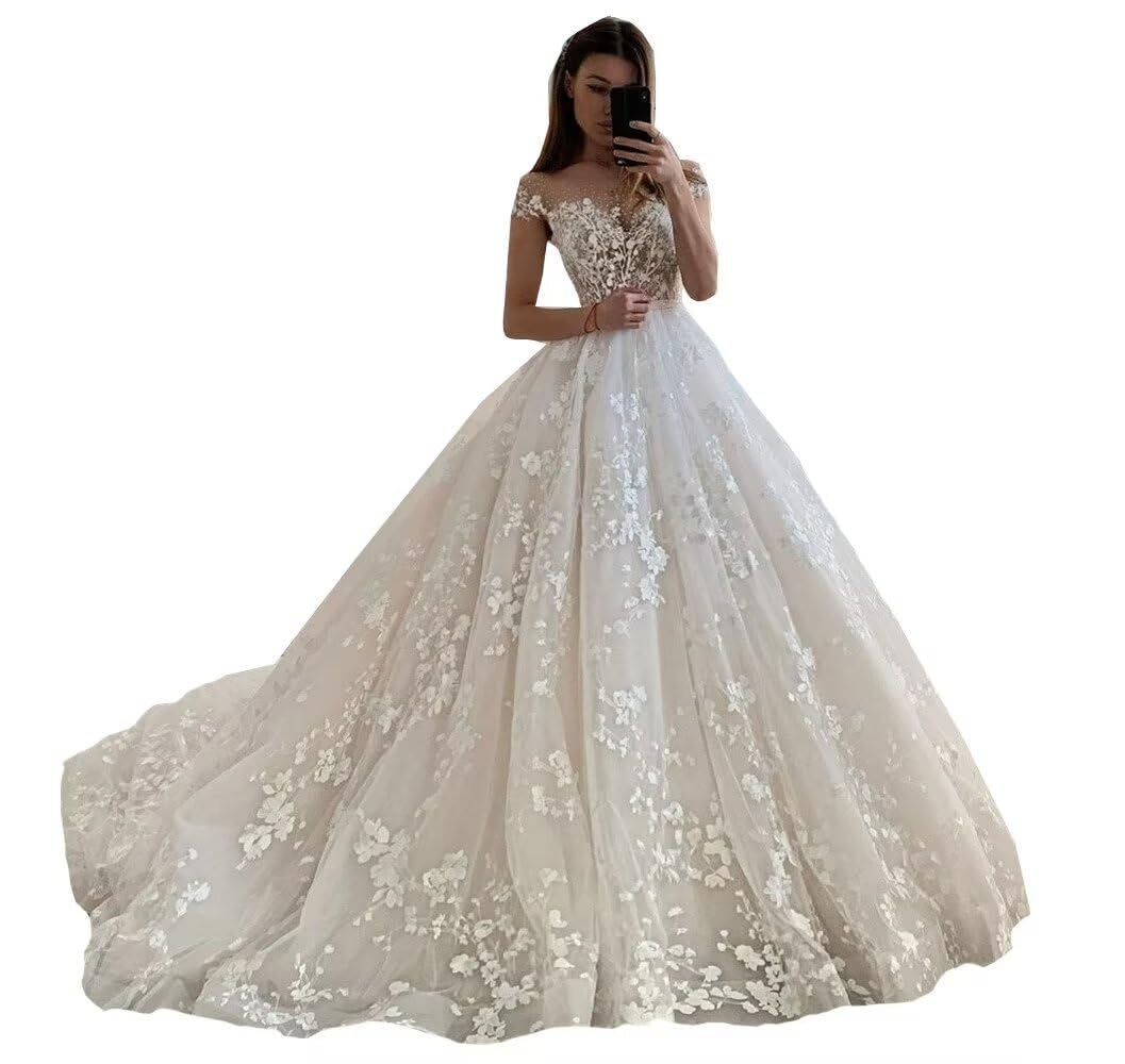 Ivory Plus Size Modern Lace Tulle Sleeveless Princess Wedding Dress with Train - Elegant Bridal Ball Gown for Bride | Perfect for Church Ceremonies, Beach Weddings & Formal Receptions