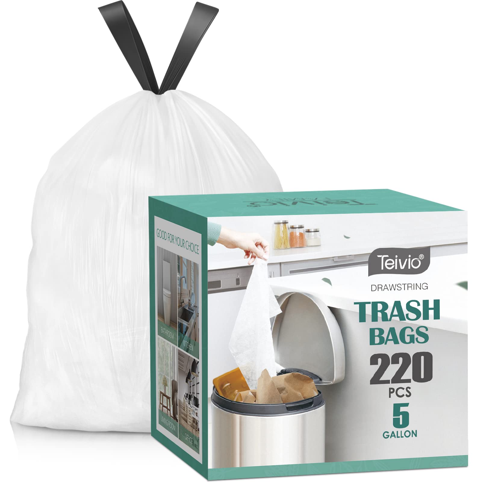 Teivio 5 Gallon 220 Count Heavy Duty Drawstring Trash Bags - Strong Leakproof Garbage Bags for Bathroom, Kitchen, Office & Home Use - Small Plastic Bin Liners Perfect for Wastebaskets, Diaper Pails & Recycling Bins