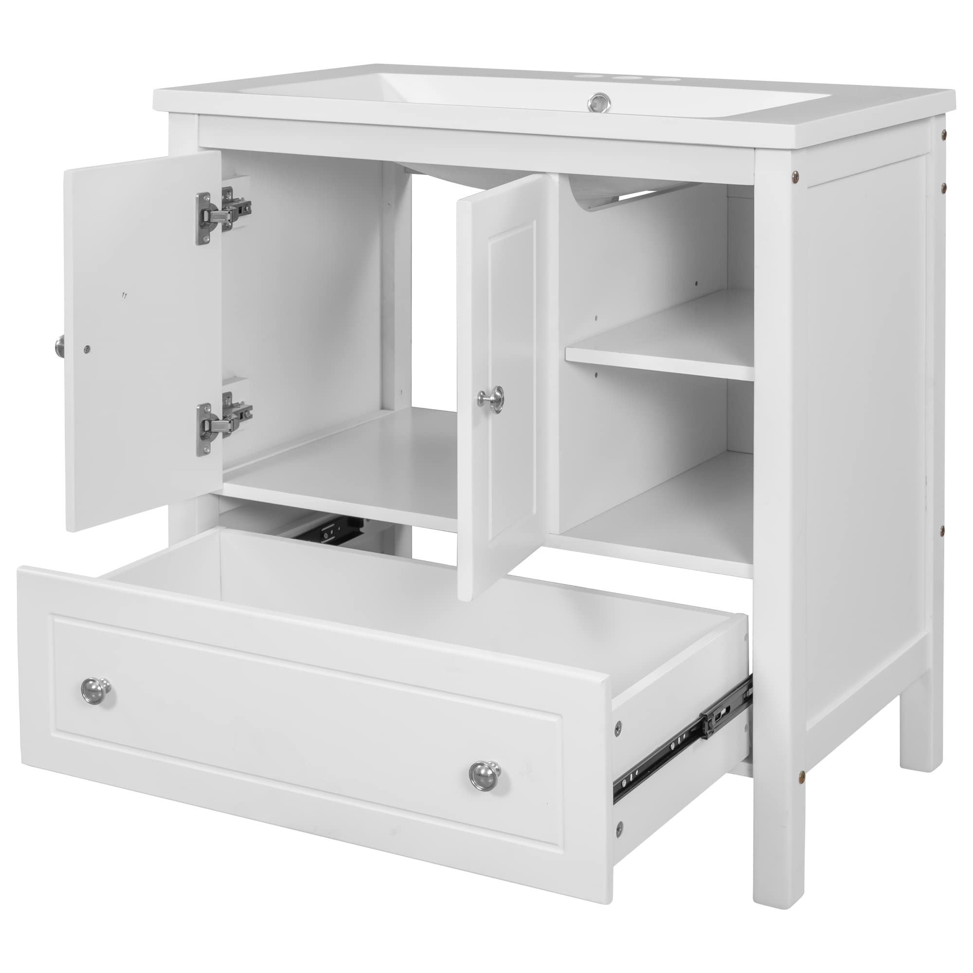 30 Inch Modern White Bathroom Vanity with Ceramic Sink Top - Bathroom Cabinet with Drawers & Shelves - Perfect for Small Bathrooms & Powder Rooms