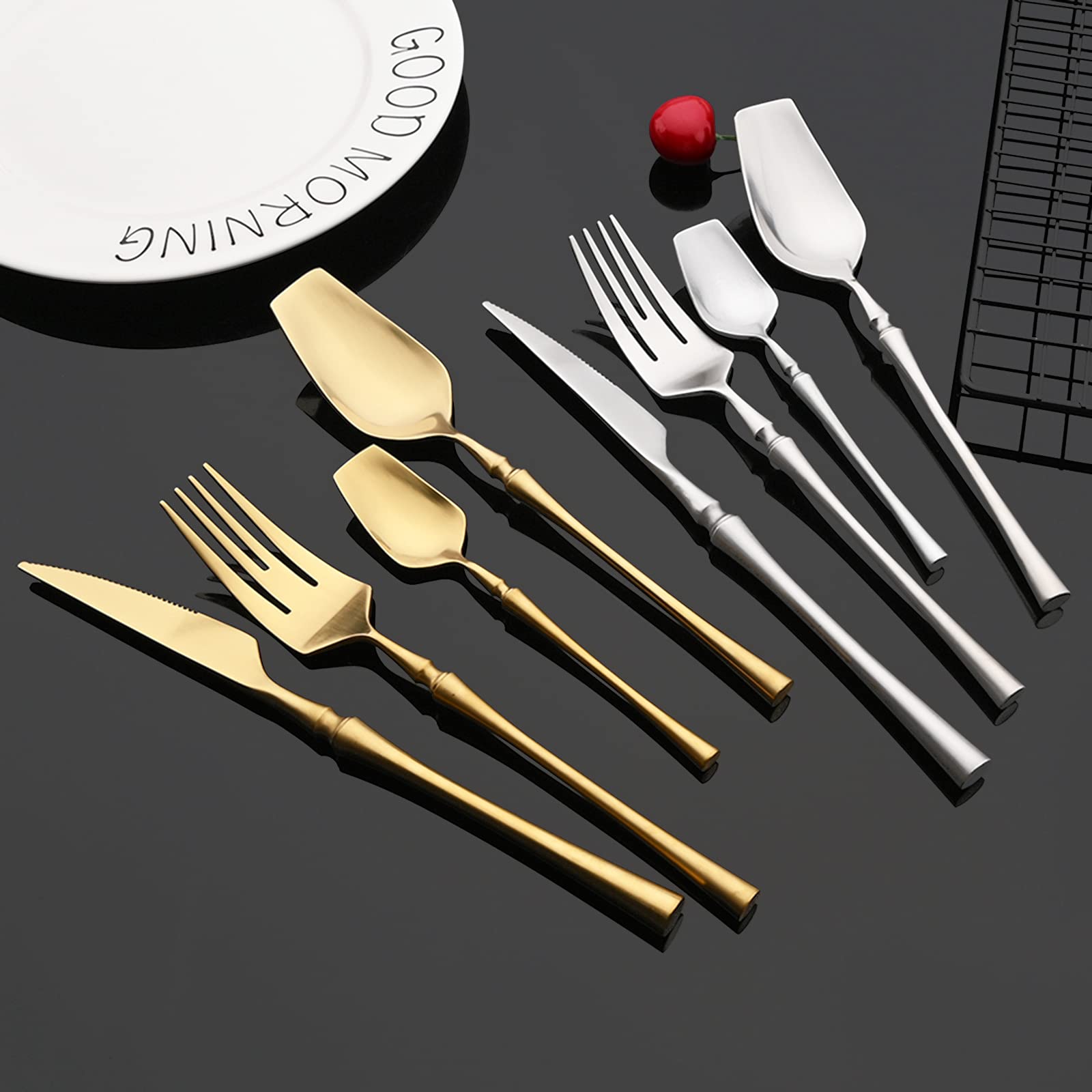 Premium 24-Piece Square Head Flatware Set - 304 Stainless Steel Silverware Service for 6 (Spoons, Knives, Forks) - Luxury Matte Finish, Dishwasher Safe - Gold - Perfect for Dinner Parties, Wedding Gifts & Upscale Dining