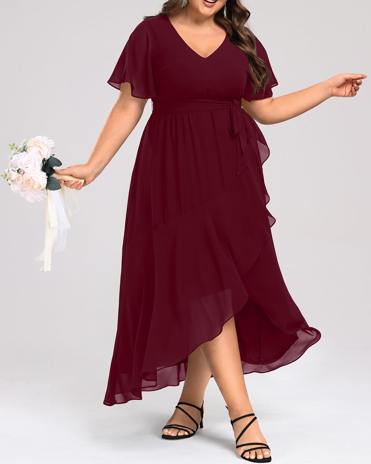 Plus Size Long Chiffon Dress with High Low Split & Ruffle Detail - Elegant Formal Maxi Dress for Women | Wedding Guest, Evening Party, Bridesmaid & Special Occasions