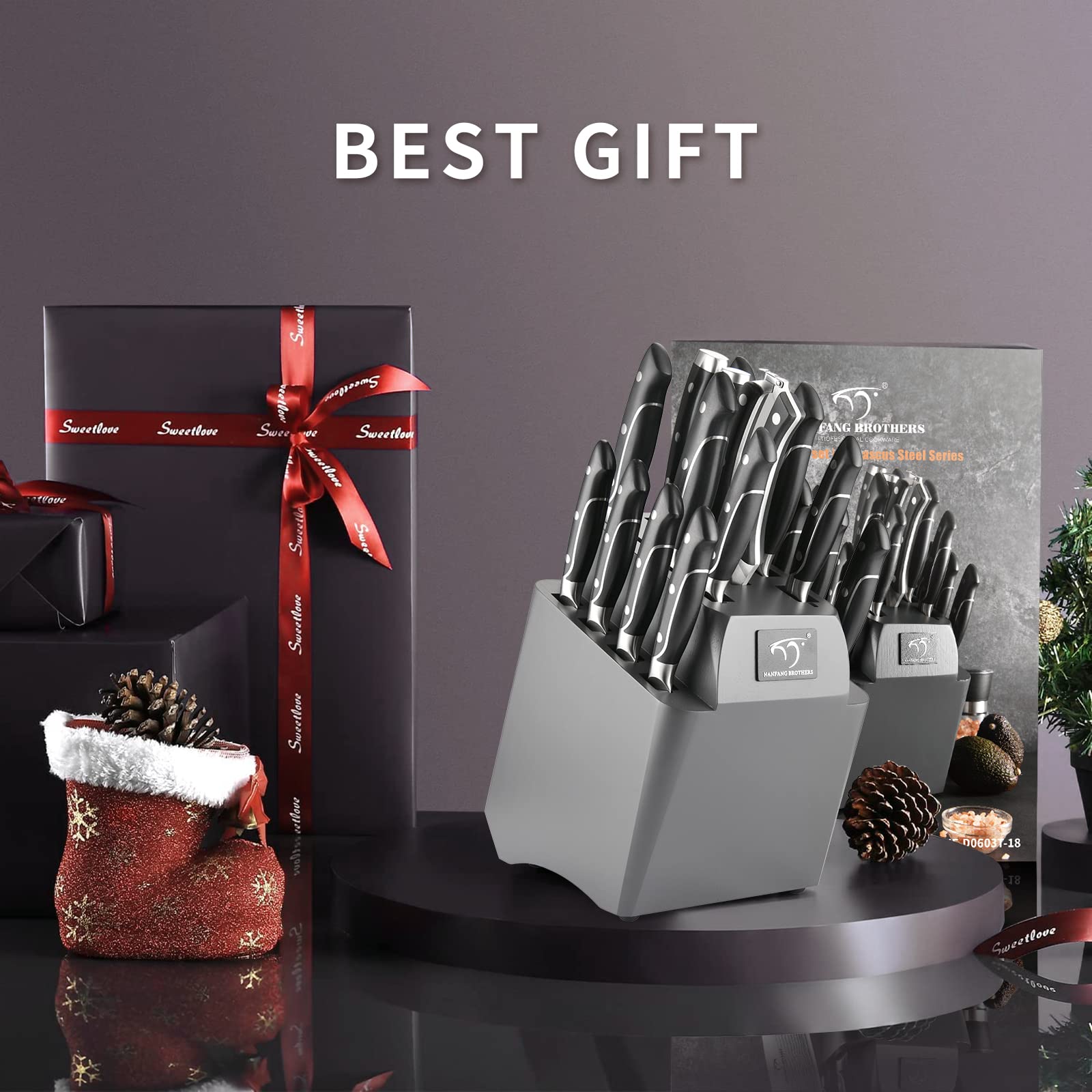 18-Piece Damascus Steel Kitchen Knife Set with 8 Steak Knives, Non-Slip ABS Ergonomic Handle, Knife Sharpener & Shears - 17-Slot Ash Wood Knife Block (Grey) - Perfect for Home Chefs, Cooking Enthusiasts & Professional Kitchens