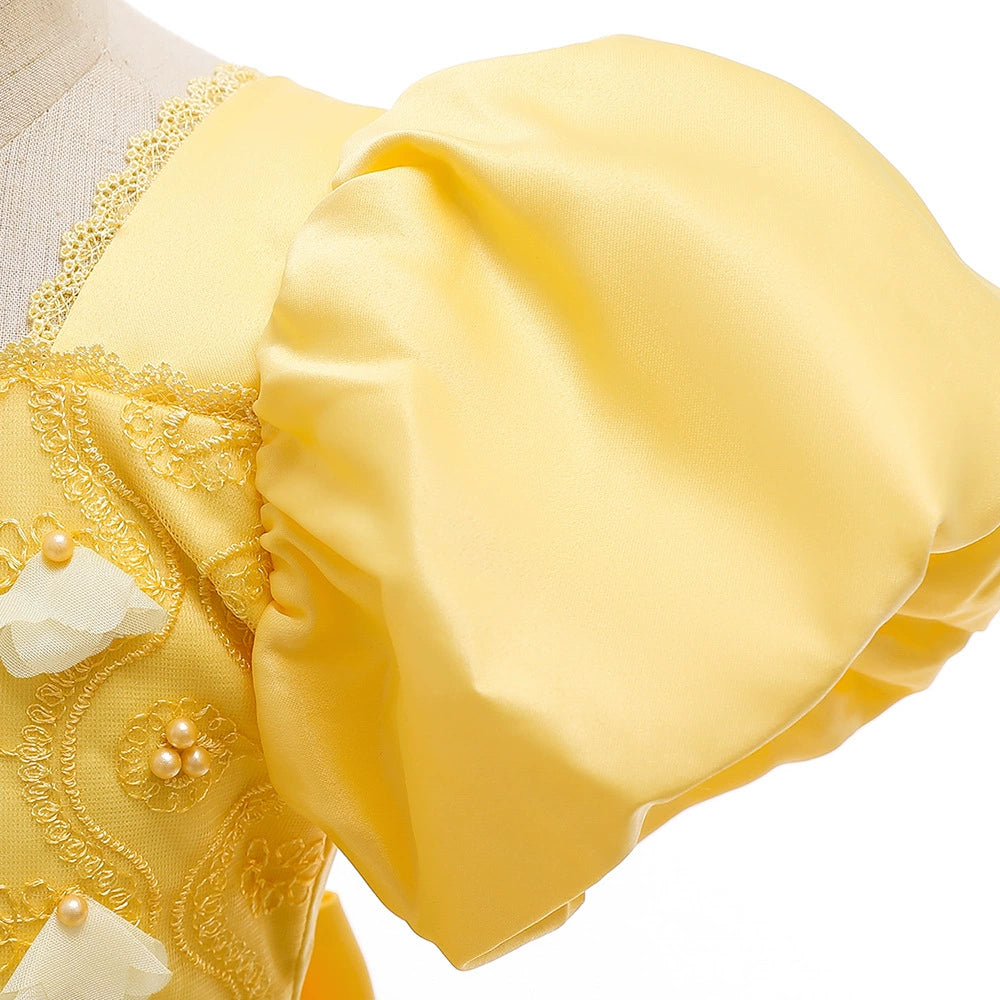 Yellow Princess Square Neck Floor Length Lace Flower Girl Dress for Weddings, Baptisms & Special Occasions