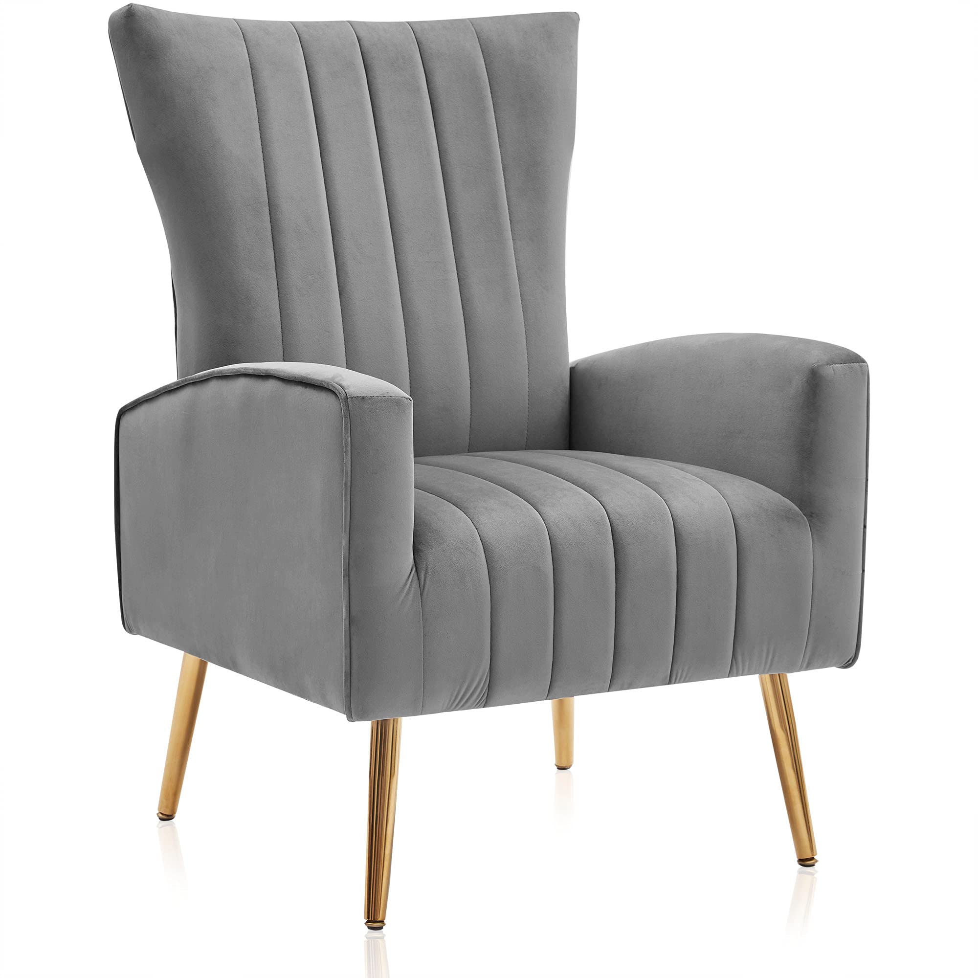 BELLEZE Modern Velvet Wingback Accent Chair with Metal Legs & Armrests - Upholstered High Back Vanity Chair for Living Room, Bedroom, Office - Kinsley (Gray) - Perfect for Reading, Relaxing & Home Decor