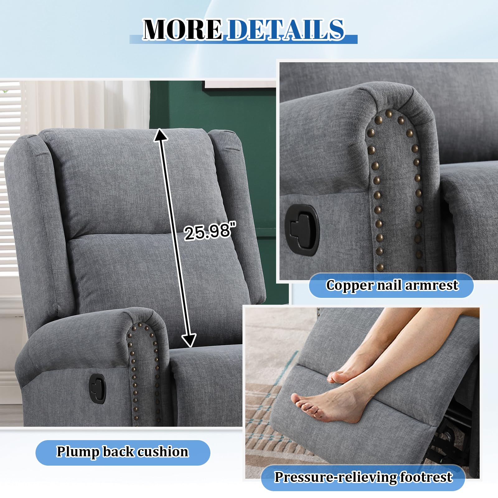 Antetek Swivel Rocking Recliner Chair - Velvet Nursery Glider with Adjustable Footrest & High Back Support, Manual Wingback Upholstered Rocking Chair for Living Room, Nursery, Bedroom - Perfect for Nursing, Reading & Relaxing (Grey)
