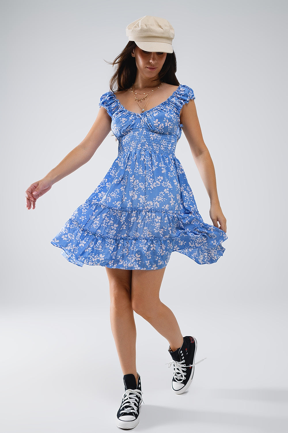 Women's Short Blue Floral Print Robe with Elastic Waist - Perfect for Lounging, Spa Days & Relaxing at Home