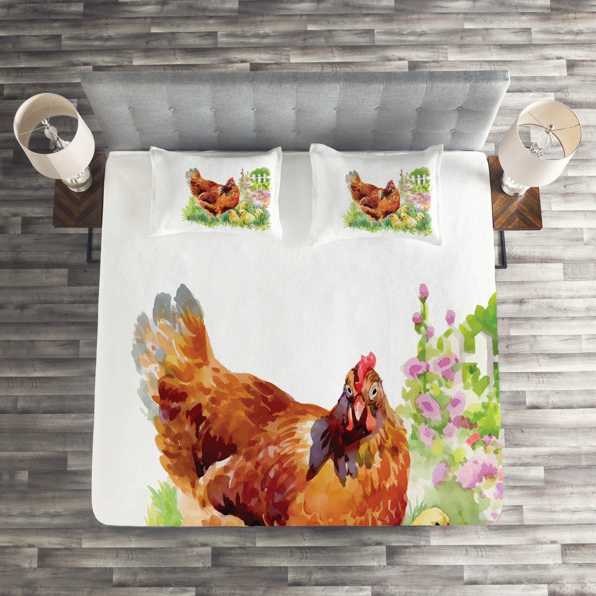 Lunarable Chicken Print Quilted Bedspread Set - 3 Piece King Size Coverlet with 2 Pillow Shams, Aquarelle Hen & Chicks Garden Design with White Fences & Pink Flowers | Farmhouse Decor for Master Bedroom, Guest Room & Cozy Farmhouse Style