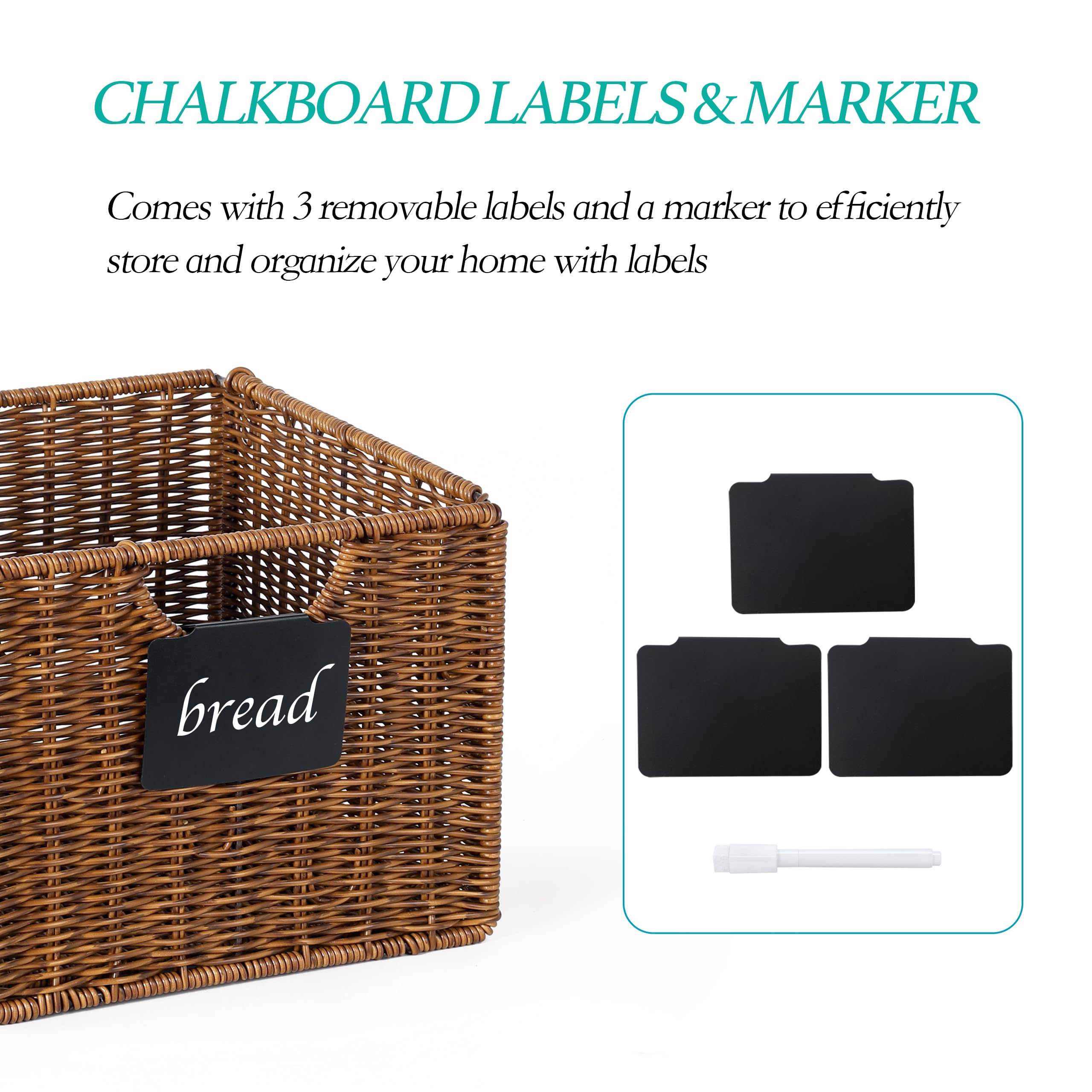 Natural Brown Wicker Storage Baskets with Labels - 10.5 x 9 x 7.5 Inch Foldable Plastic Woven Bins for Shelves, Pantry & Closet Organization - Perfect for Kitchen, Bathroom & Laundry Room Storage Solutions