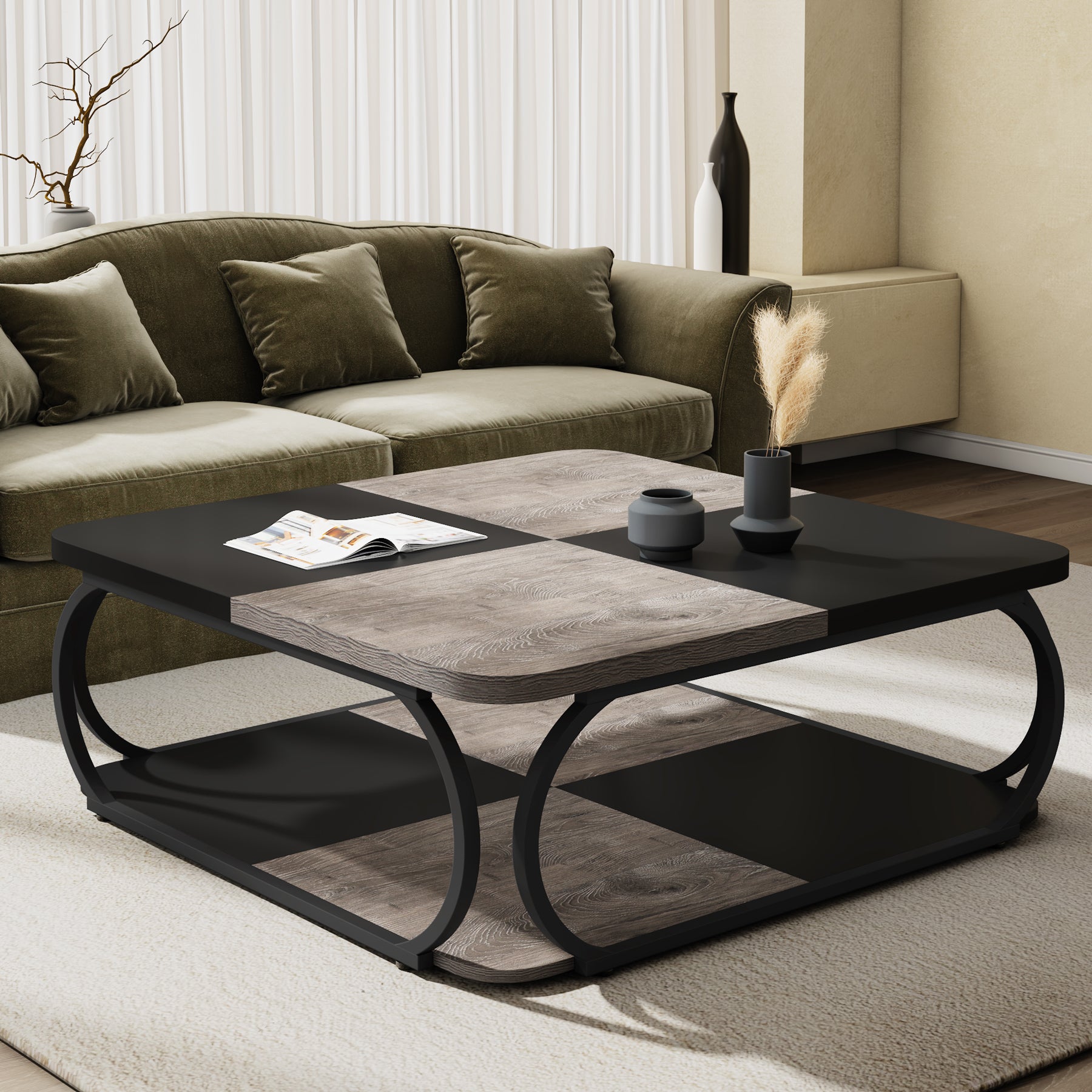 Modern Square Coffee Table with 2-Tier Shelves - 39 Inch Center Cocktail Table for Living Room - Perfect for Small Spaces, Home Decor & Entertaining Guests
