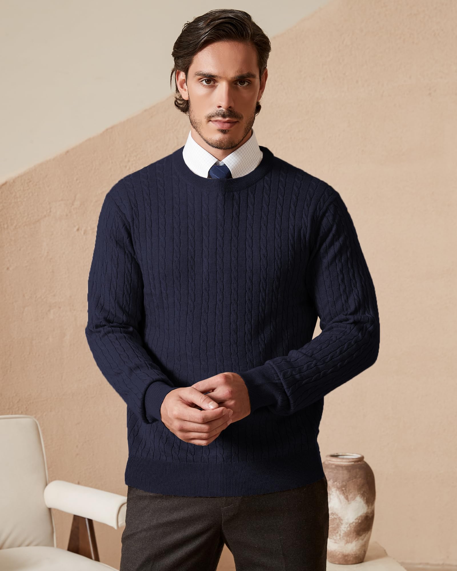 Kallspin Men's Cable Knit Sweater - Wool Blend Crewneck Pullover for Relaxed Fit | Perfect for Winter, Office Wear & Casual Outfits