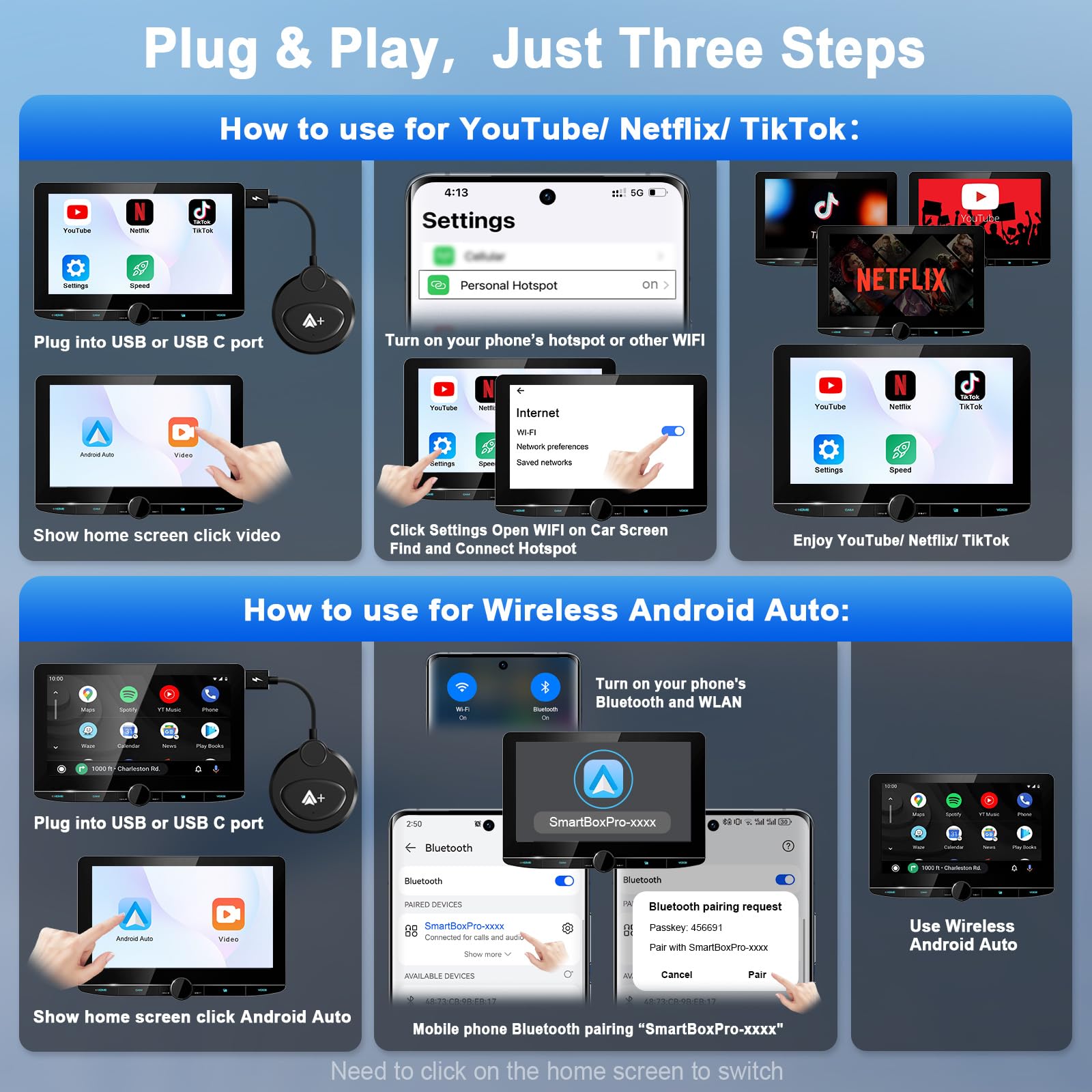 Wireless Android Auto Car Adapter - Convert Wired to Wireless, Supports Netflix YouTube TikTok, Low Latency, Easy Installation (Black) | Perfect for Streaming Entertainment & Hands-Free Driving
