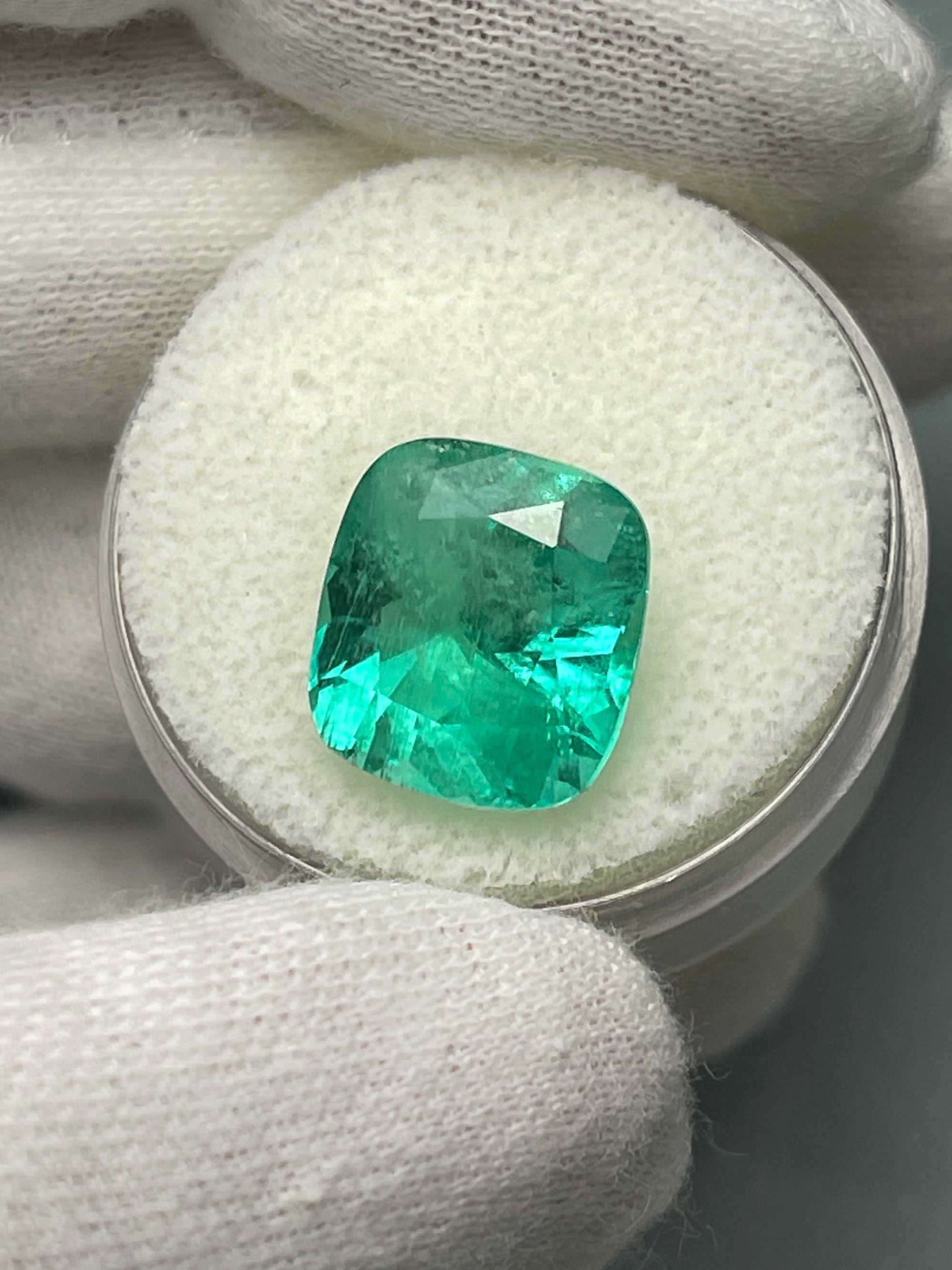 6.65 Carat 12x11.5mm Medium Bluish Green Natural Loose Colombian Emerald Gemstone - Cushion Cut for Jewelry Making, Engagement Rings & Luxury Gifts
