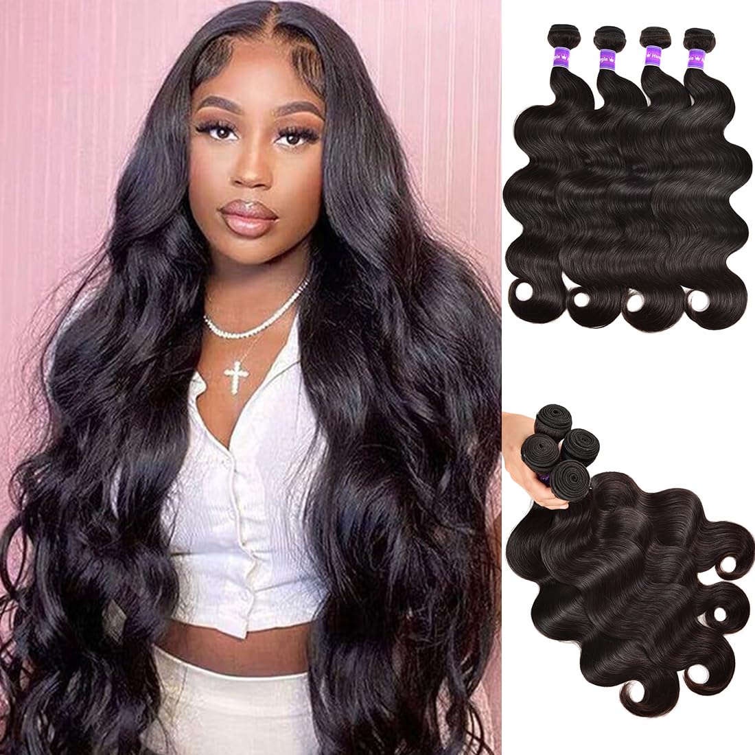 20 22 24 26 Inch 100% Unprocessed Brazilian Virgin Human Hair Bundles - Body Wave 4 Bundles 12A Hair Extensions for Quick Weave | Natural Black Color | Perfect for Daily Styling, Salon Use & Special Occasions