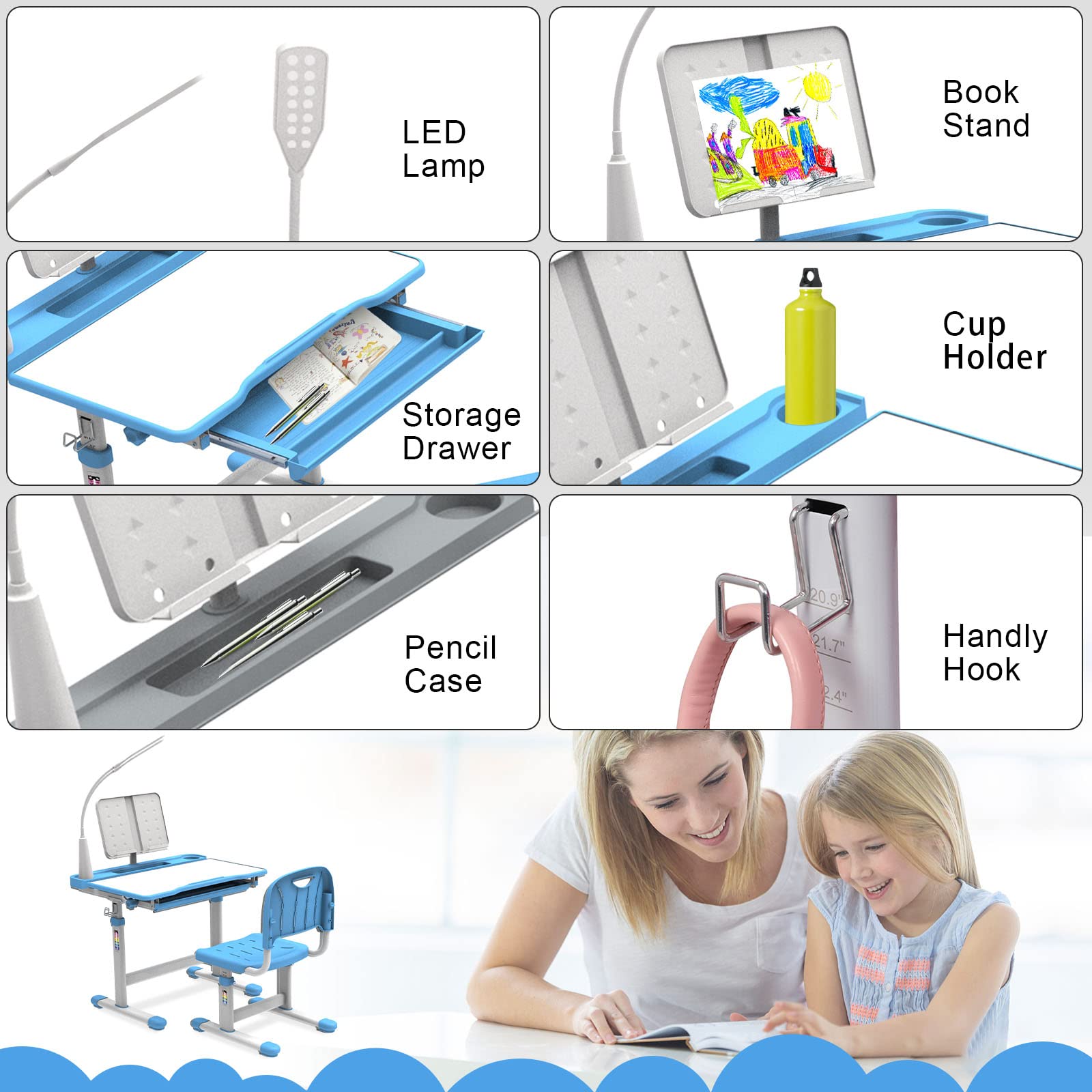 BELANITAS Adjustable Kids Desk and Chair Set - Ergonomic Study Desk with 3-Level Lighting, 40° Tiltable Tabletop & Height Adjustable for Children - Perfect Back to School Gift (Blue) - Ideal for Homework, Drawing & Online Learning at Home