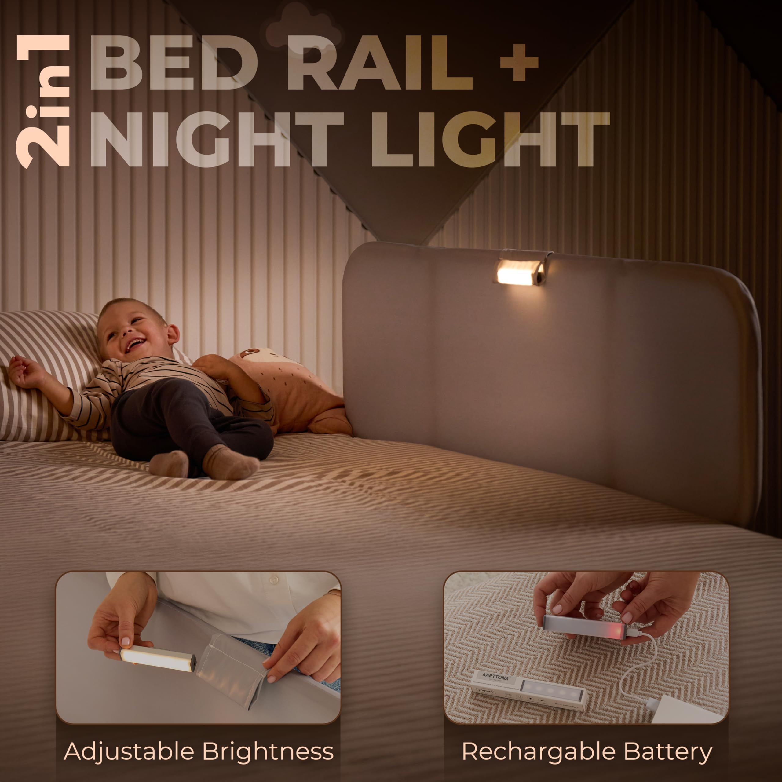 Foldable Toddler Bed Rail with Night Light - 48 Inch Portable Bed Guard for Baby & Kids - Fits Full, Queen & Twin Size Beds - Safe Bedside Fence for Toddler Transition & Travel Use