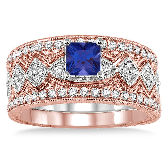 2 Carat Sapphire & Moissanite Diamond Vintage Trio Bridal Set Engagement Ring in 10k White Gold - Perfect for Proposals, Anniversaries & Special Occasions