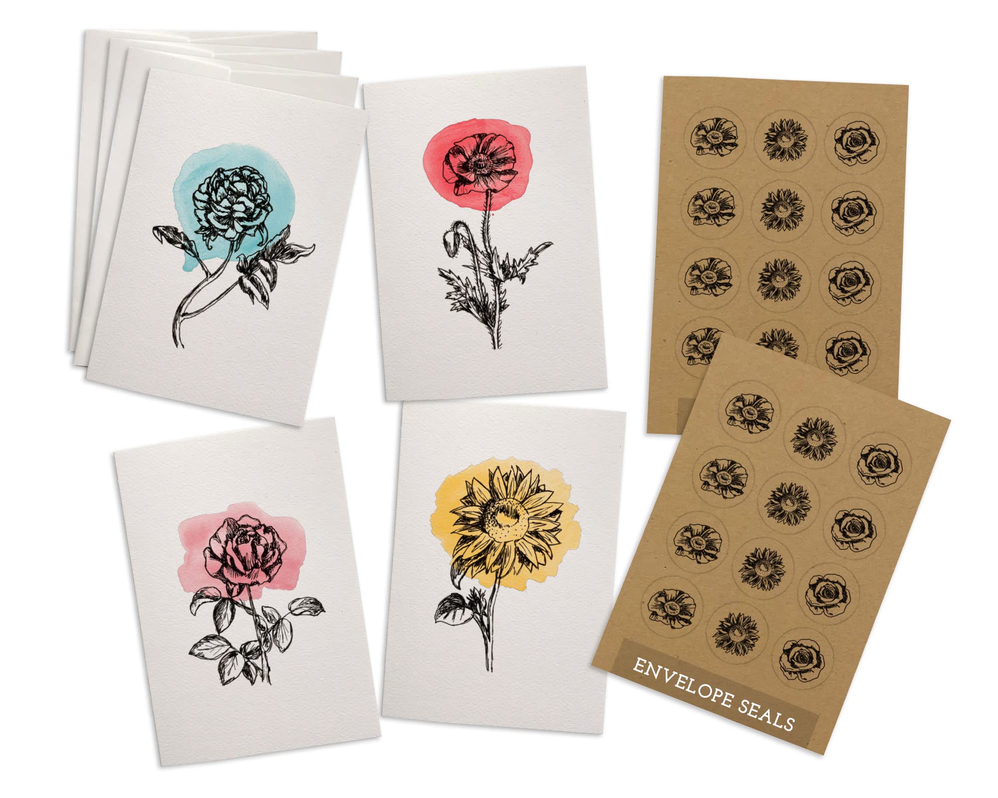 Botanical Watercolor Flower Note Cards & Envelopes Set - 24 Assorted Floral Stationery with Kraft Seals - Blank Greeting Cards for Birthday, Thank You, Wedding, Anniversary - Perfect for Handwritten Letters & Gift Packaging