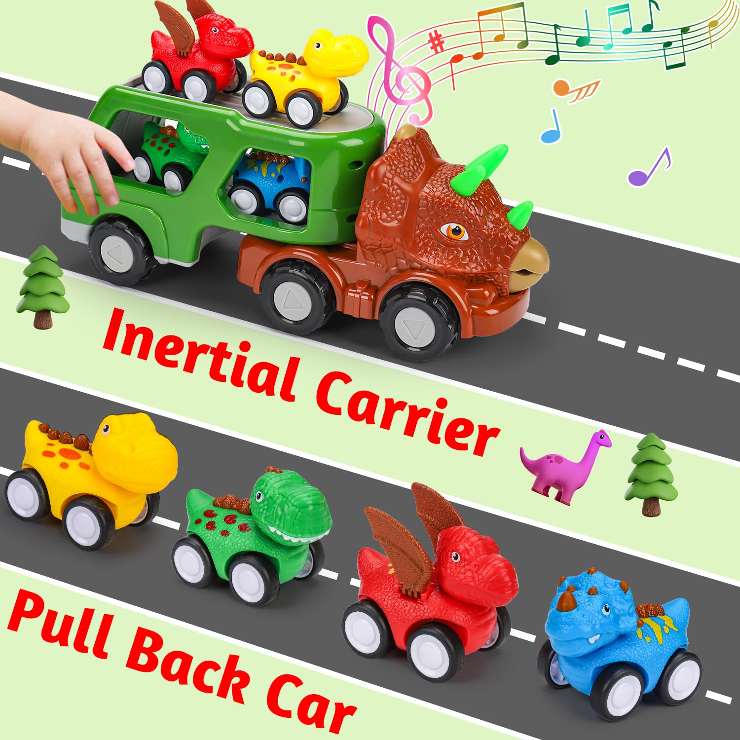 Dinosaur Transport Carrier Truck Toys for Toddlers 1-5 Years Old - 5-in-1 Interactive Play Set with Music & Lights - Best Gift for Boys Age 1-2, 2-3, 3-5 - Perfect for Christmas, Birthday & Pretend Play Scenes