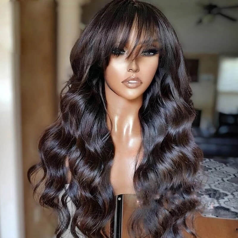 Eullair 12A Pre Cut Lace Closure Body Wave Human Hair Wig with Air Bangs - Brazilian Virgin Hair Wigs for Black Women | Natural Layered Cut, Blow Out Wavy Style for Daily Wear & Special Occasions
