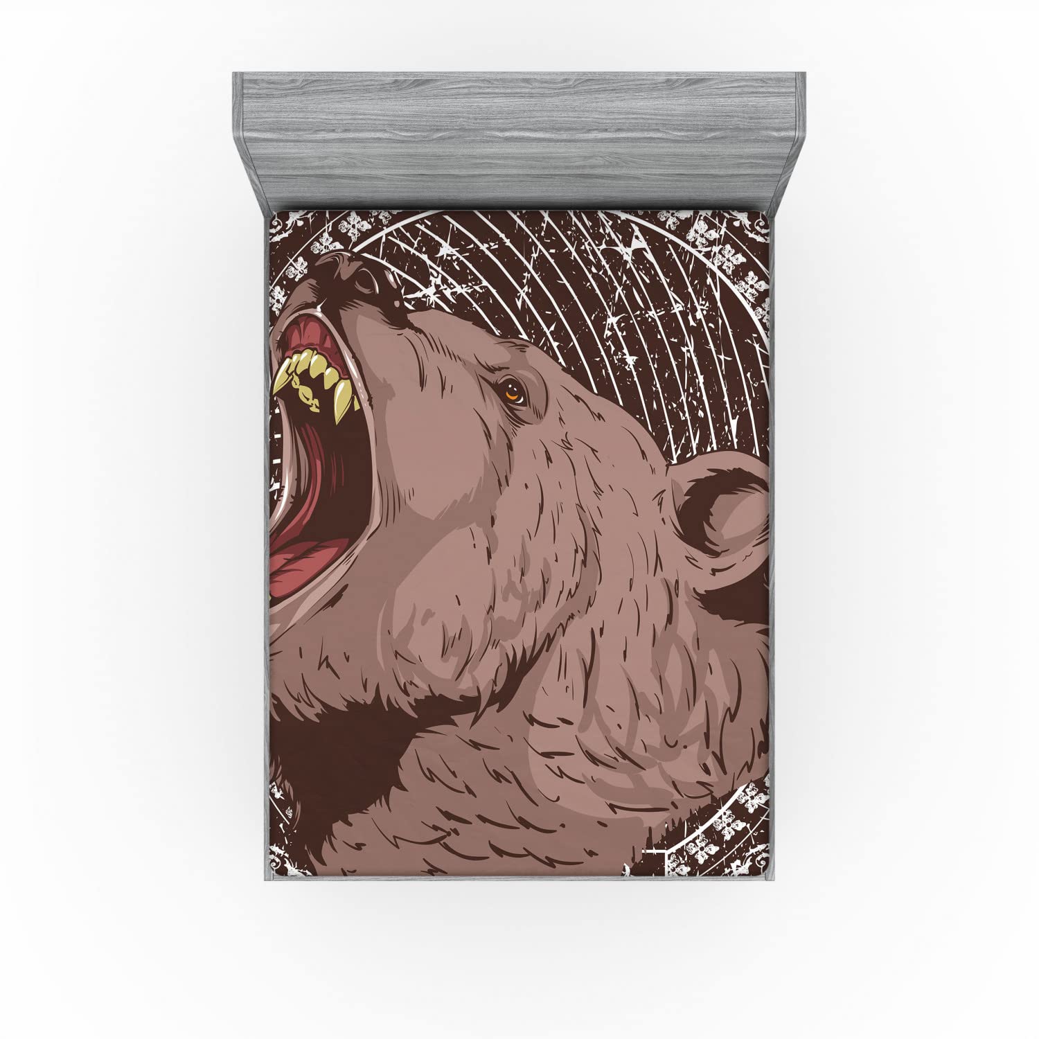 Ambesonne Grizzly Bear Print Fitted Sheet - King Size Deep Pocket Bed Cover with All-Around Elastic, Brown & White Animal Theme Bedding - Perfect for Wildlife Lovers' Bedrooms, Cabins, or Dorm Rooms