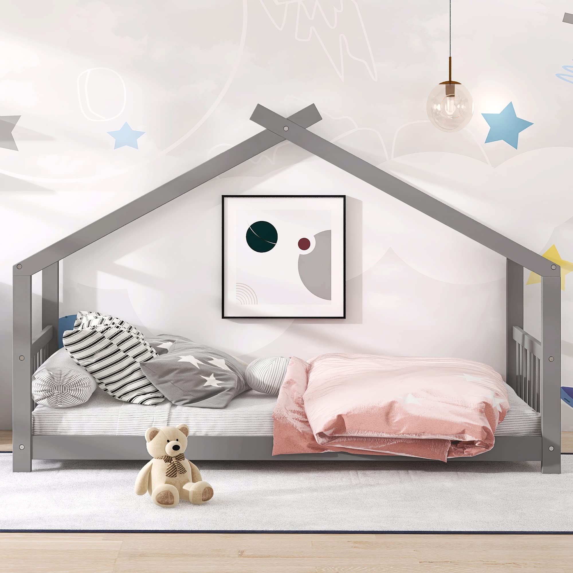 P PURLOVE Twin House Bed Frame for Kids - Sturdy Wooden Bed for Girls & Boys with Slat Support (No Box Spring Needed) - Playful Roof Design in Gray - Perfect for Bedrooms, Playrooms & Kids' Sleepovers