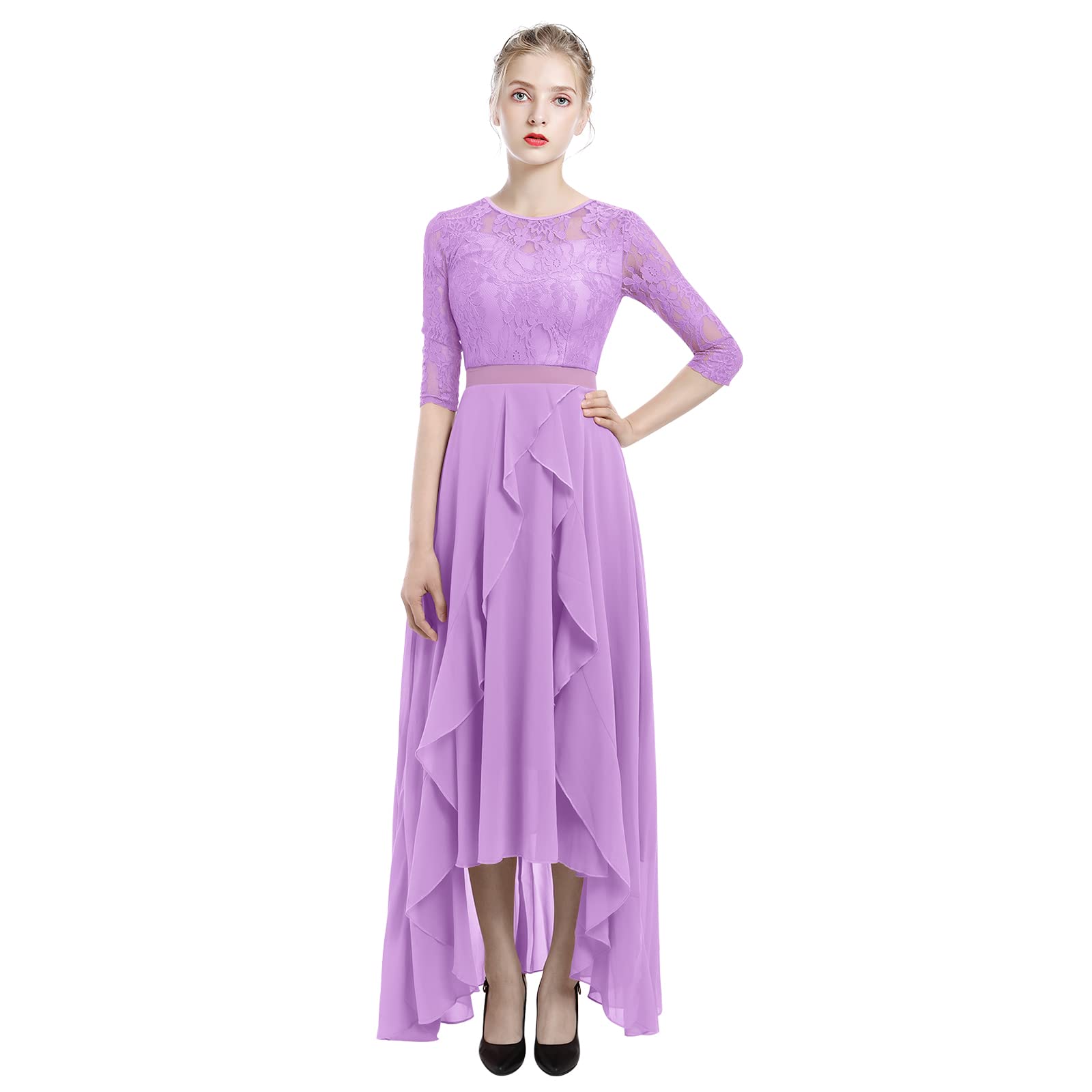 Elegant Chiffon Lace Wedding Dress for Women - Long Evening Gown with 3/4 Sleeves for Prom, Bridal Shower & Formal Occasions