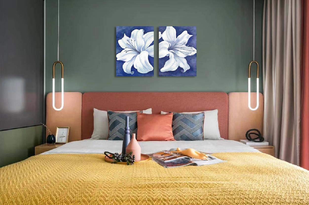 White Floral Canvas Wall Art - Modern Blue-Purple Bloom Painting for Dining Room Decor
