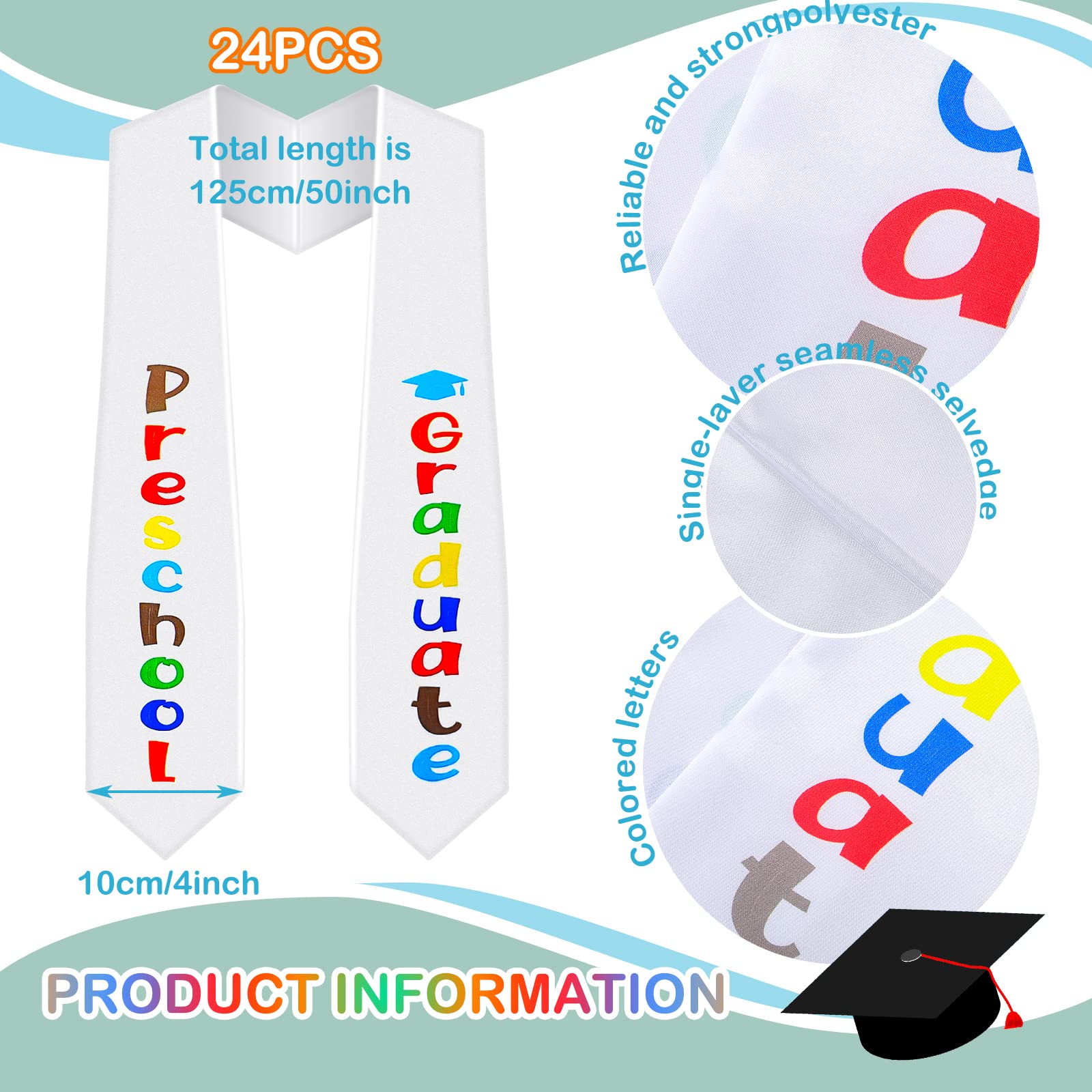 24 Pcs Kids Graduation Stoles - Bulk Preschool Sash for Graduation Gifts & Parties