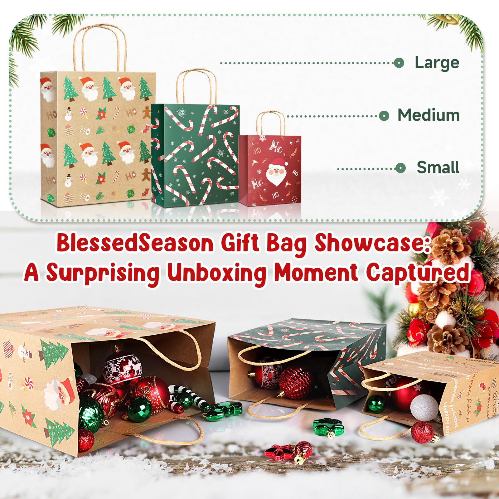 BlessedSeason 28 PCS Reusable Kraft Gift Bags with Handles - 14 Stylish Designs (6 Large, 10 Medium, 12 Small) for Holidays, Birthdays & Party Favors | Eco-Friendly Christmas, Wedding & Baby Shower Gift Packaging
