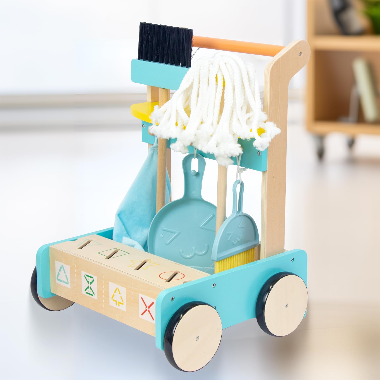 **WOODENFUN Wooden Baby Push Walker for Toddlers 1 Year & Up - Learning Walking Toy for Boys & Girls 12+ Months - Kids Cleaning Cart Toy Set with Play Tools - Perfect Gift for Birthdays & Pretend Play**    *(Use Scenario: Encourages early walking, imaginative play, and motor skill development for toddlers.)*