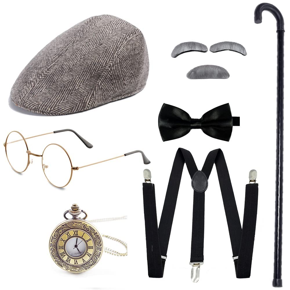 Vintage 1920s Gatsby Costume Set for Men - Old Man Costume Accessories with Glasses, Mustache & Hat - Perfect for 100 Days of School, Halloween, Themed Parties & Cosplay
