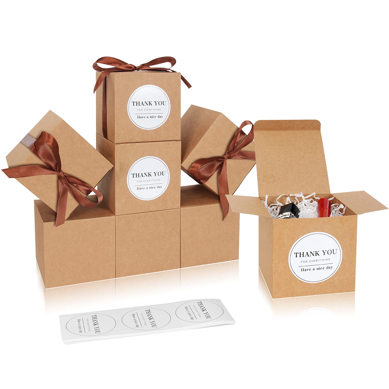 COTOPHER 60 Pack 4x4x4 Inches Small Brown Gift Boxes with Lids - Perfect for Wedding Favors, Bridesmaid Proposals, Party Gifts, Candy, Cupcakes & DIY Crafts - Includes Ribbons & Stickers (Brown, 60) - Ideal for Birthdays, Baby Showers & Holiday Gift Wrapping