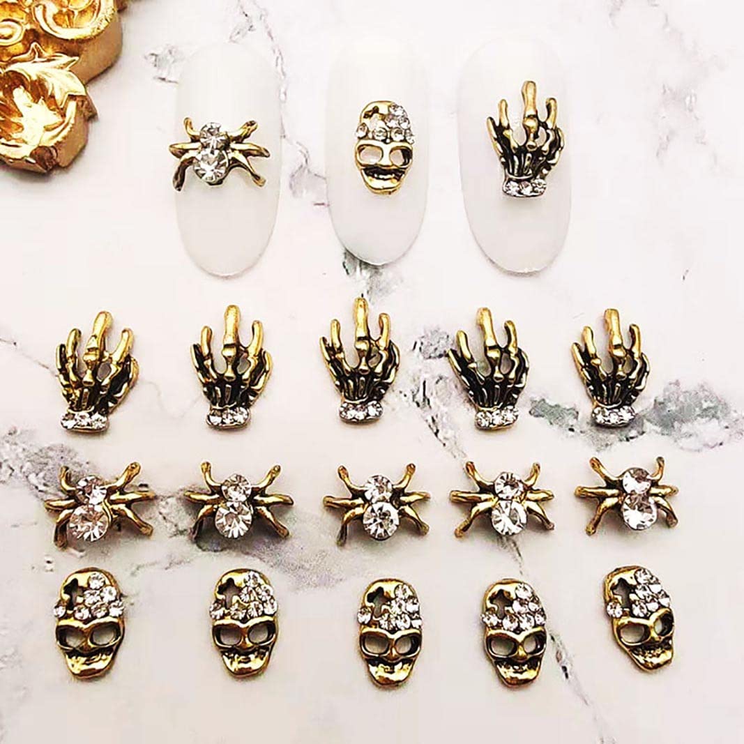 60Pcs 3D Halloween Nail Charms - Gold Spider, Skull & Skeleton Hand Nail Art Studs - Halloween Nail Decorations for Women - Perfect for Halloween Parties, Costume Nails & Spooky Nail Art Designs