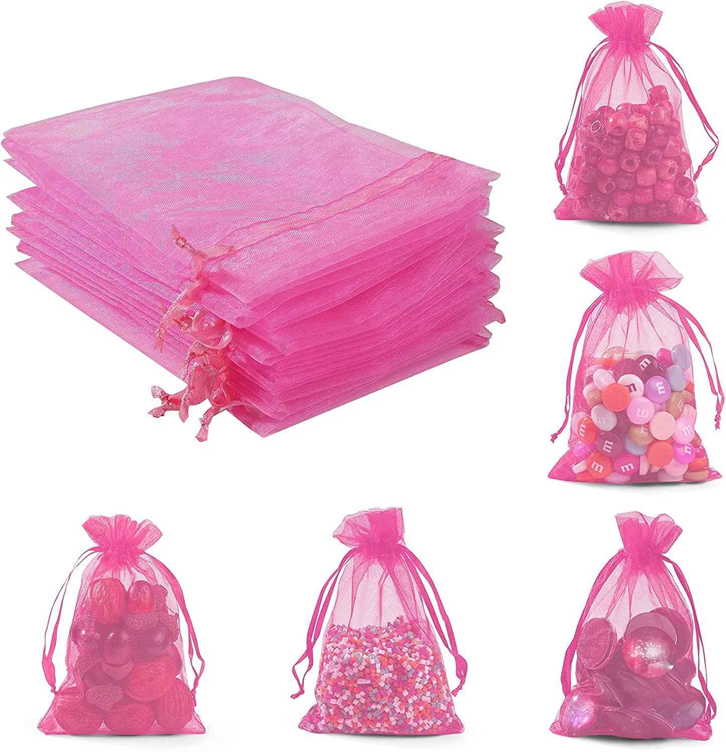 50PCS Pink Organza Bags 5x7 Inches - Premium Sheer Mesh Drawstring Gift Bags for Wedding Favors, Party Decorations, Bridal Showers & Baby Showers - Elegant Small Favor Pouches for Candy, Jewelry & Gifts