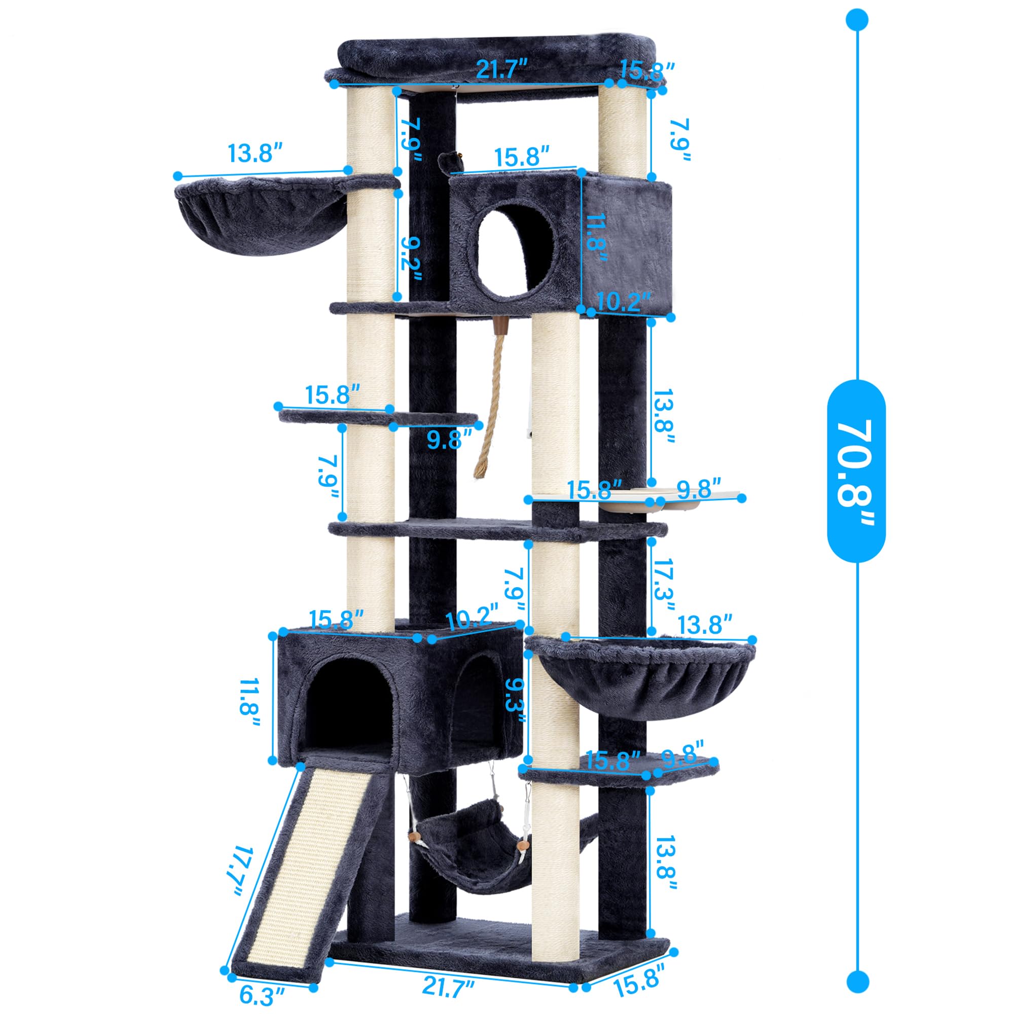 Hey-brother 70.8 Inches Multi-Level Cat Tree Tower for Large Cats - Heavy Duty Cat Condo with Scratching Posts, Baskets, Hammock & Food Bowls (Smoky Gray) - Perfect for Indoor Play, Climbing & Relaxation