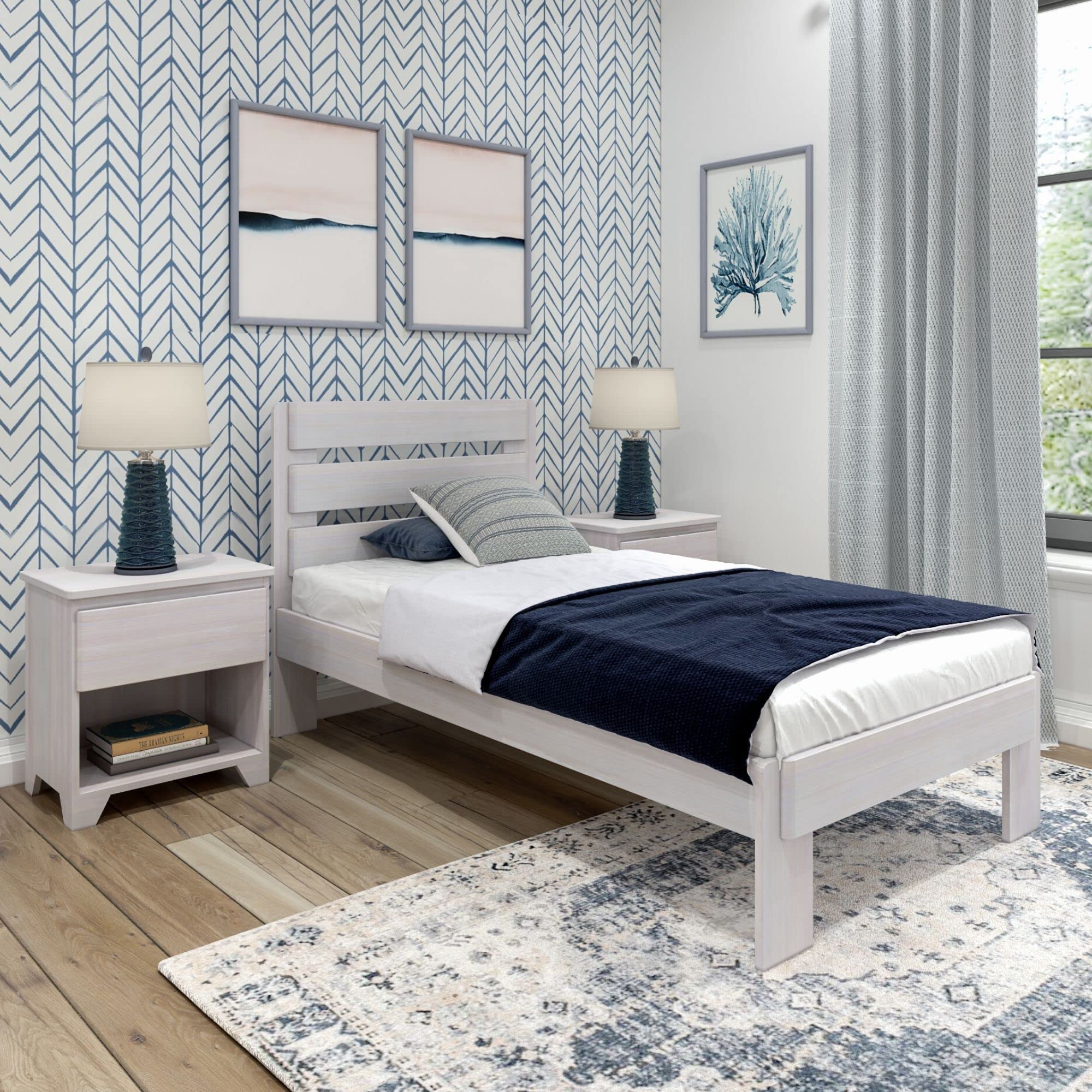 Rustic White Wash Twin Bed Frame with Headboard & Slatted Platform - Solid Wood Plank & Beam Design for Cozy Bedrooms & Guest Rooms